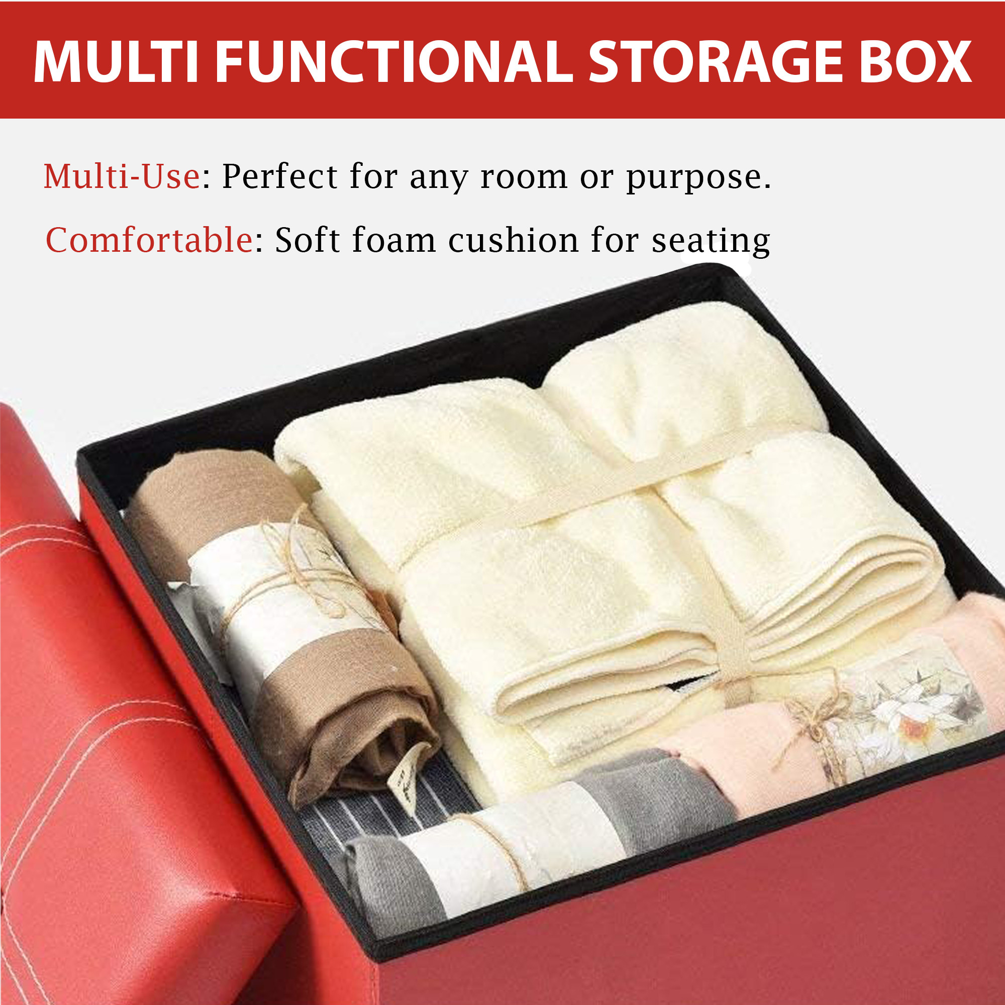 Kuber Industries Foldable Storage Puffy Stool For Living Room Bedroom  Home  Stylish Dressing Table Stool For Makeup  Puja Room - Ideal for Home Decor  Footrest  LJ-21-RD  Red