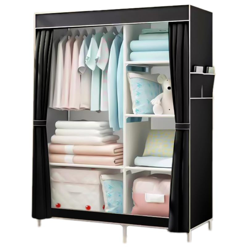 Kuber Industries Foldable Wardrobe for Clothes|Non Woven 2 Door Portable Clothes Rack|4 Shelves Almirah for Clothes (Black)