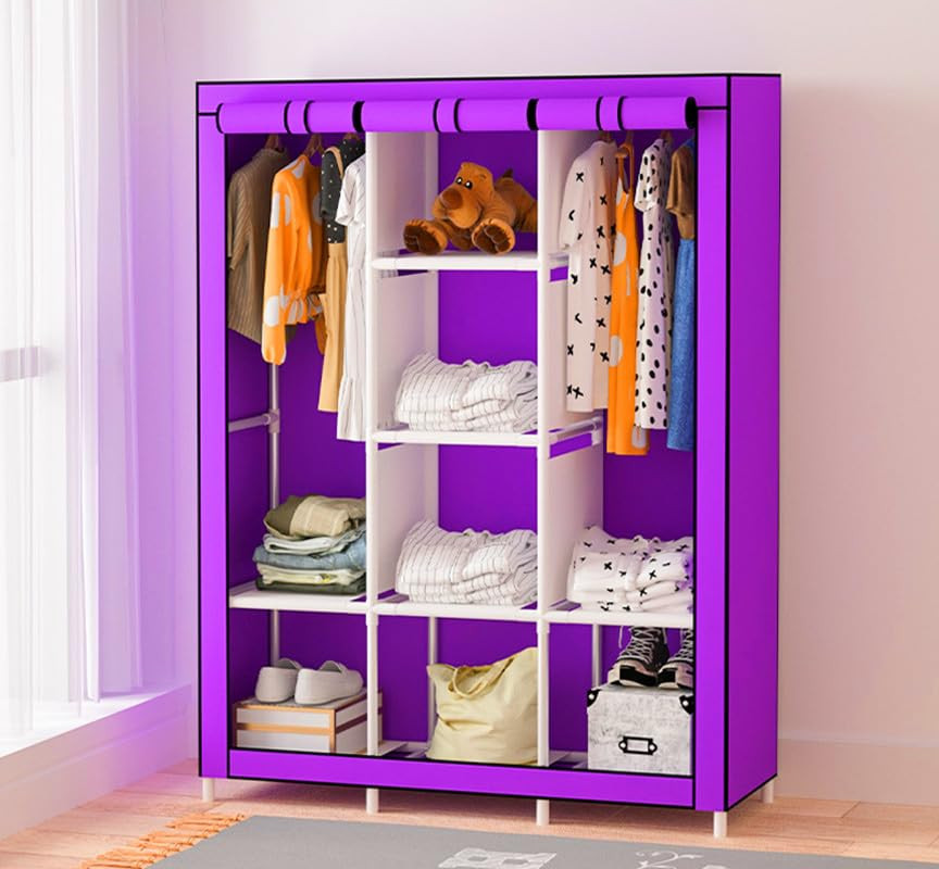Kuber Industries Foldable Wardrobe for Clothes|Non Woven 2 Door Portable Clothes Rack|6 Shelves Almirah for Clothes (Purple)