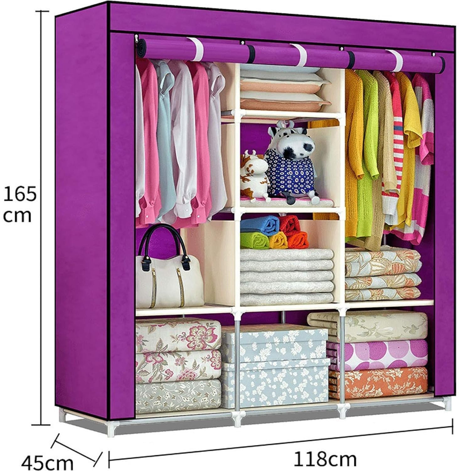 Kuber Industries Foldable Wardrobe for Clothes|Non Woven 2 Door Portable Clothes Rack|6 Shelves Almirah for Clothes (Purple)