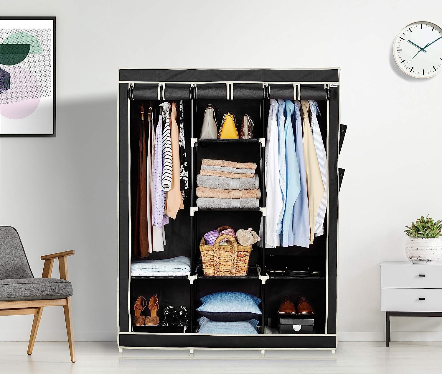 Kuber Industries Foldable Wardrobe for Clothes|Non Woven 2 Door Portable Clothes Rack|6 Shelves Almirah for Clothes (Black)