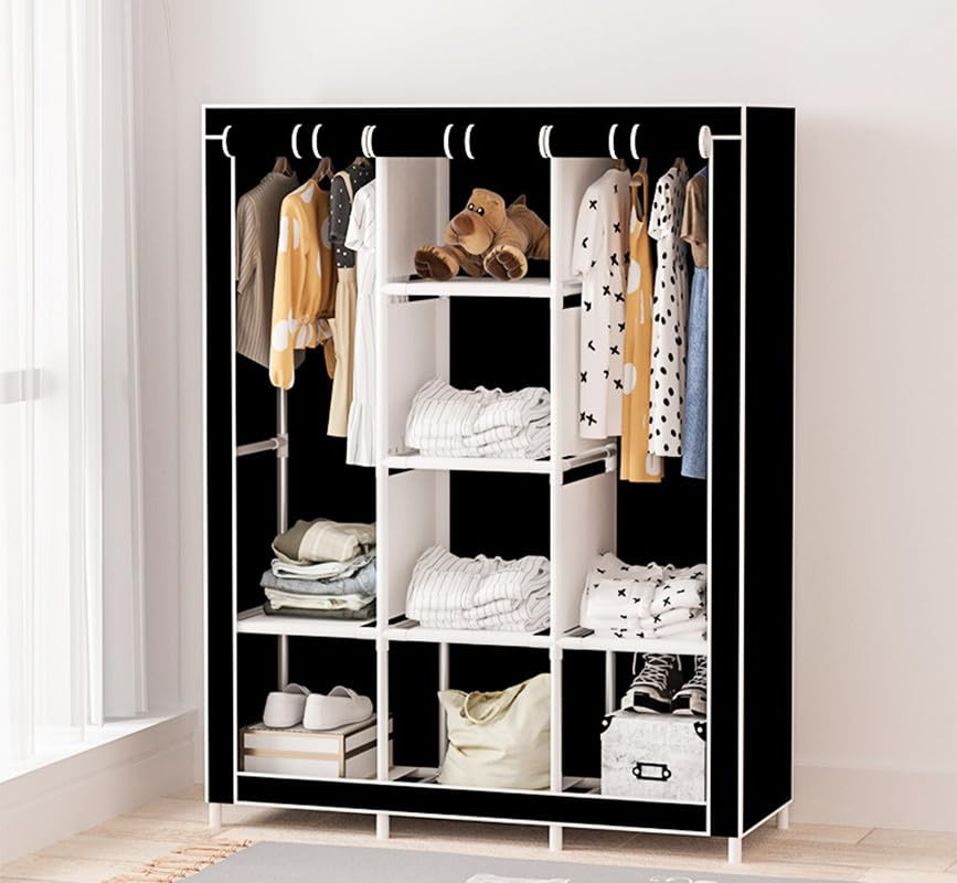 Kuber Industries Foldable Wardrobe for Clothes|Non Woven 2 Door Portable Clothes Rack|6 Shelves Almirah for Clothes (Black)