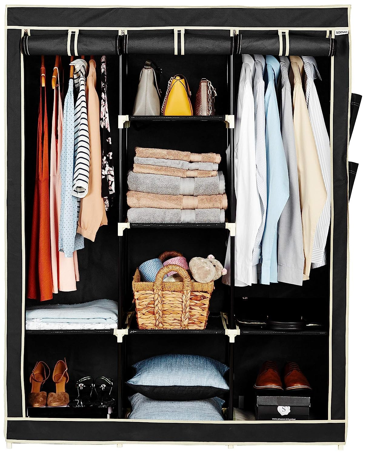 Kuber Industries Foldable Wardrobe for Clothes|Non Woven 2 Door Portable Clothes Rack|6 Shelves Almirah for Clothes (Black)
