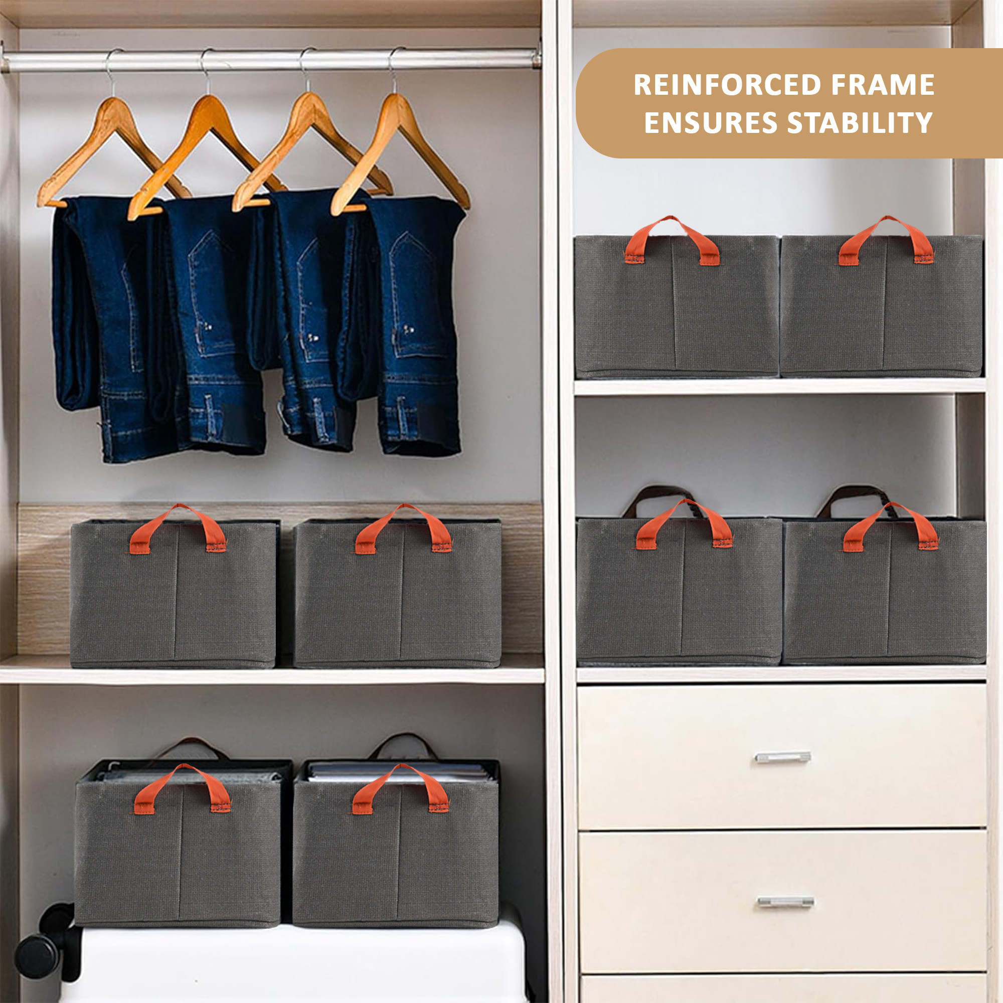 Kuber Industries Foldable Wardrobe Organisers Storage Box With Metal Frame  Handles  Space Saving Cloth Organizer for Jeans Pants  T Shirts  Grey