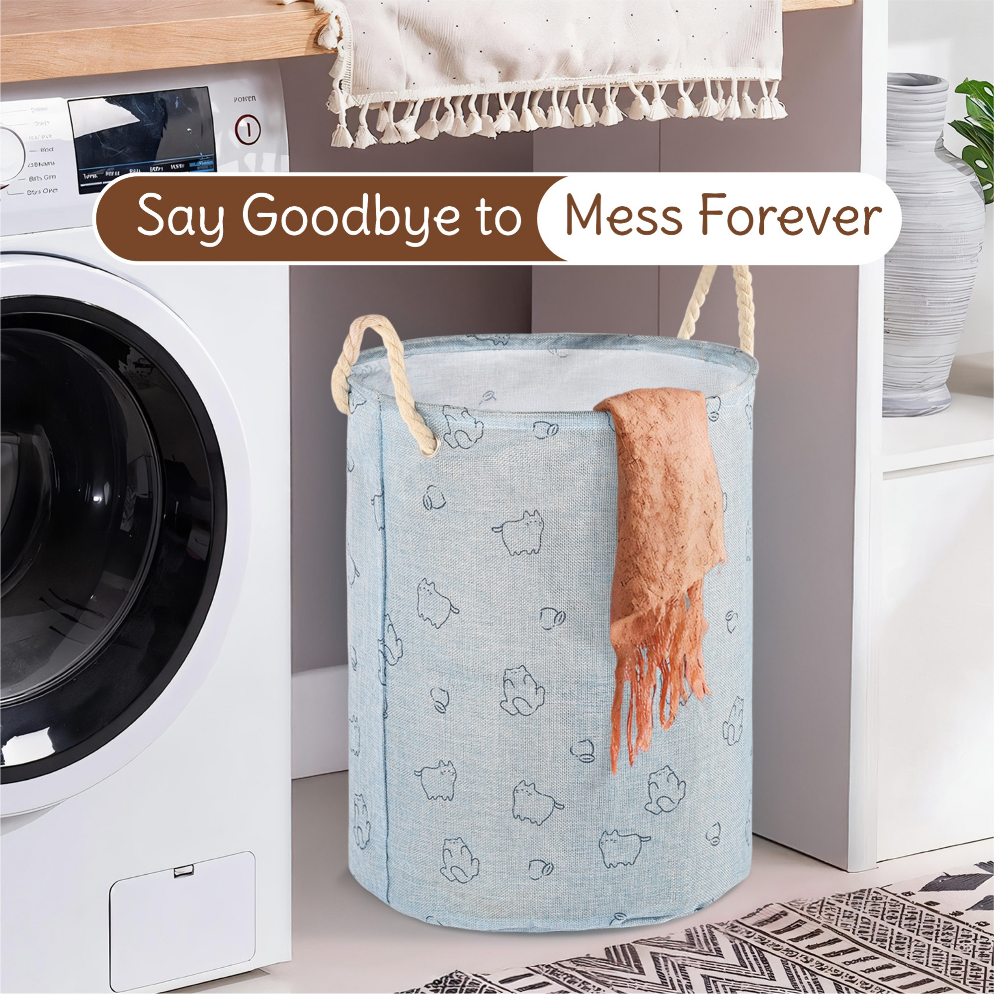 Kuber Industries Foldable Washing ClothesStorage Basket with Handles  Used Clothes Storage Bag  Laundry Hamper for Dirty Clothes  Toys  GM-19-BLU  Cat Print - Blue