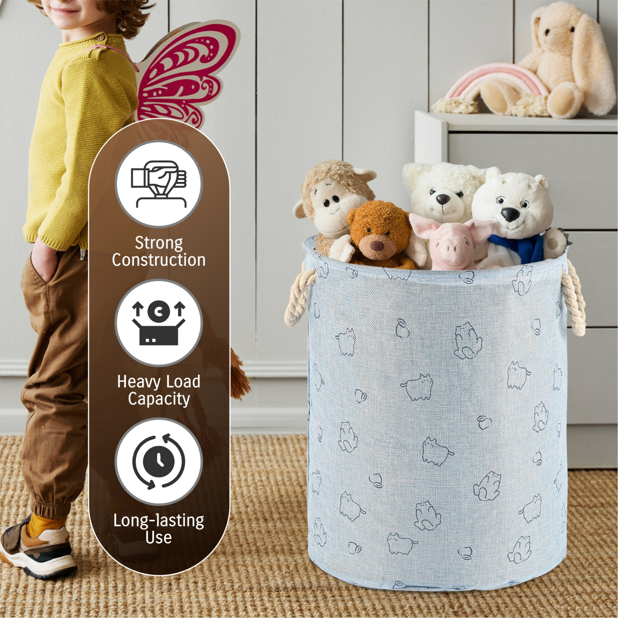 Kuber Industries Foldable Washing ClothesStorage Basket with Handles  Used Clothes Storage Bag  Laundry Hamper for Dirty Clothes  Toys  GM-19-BLU  Cat Print - Blue