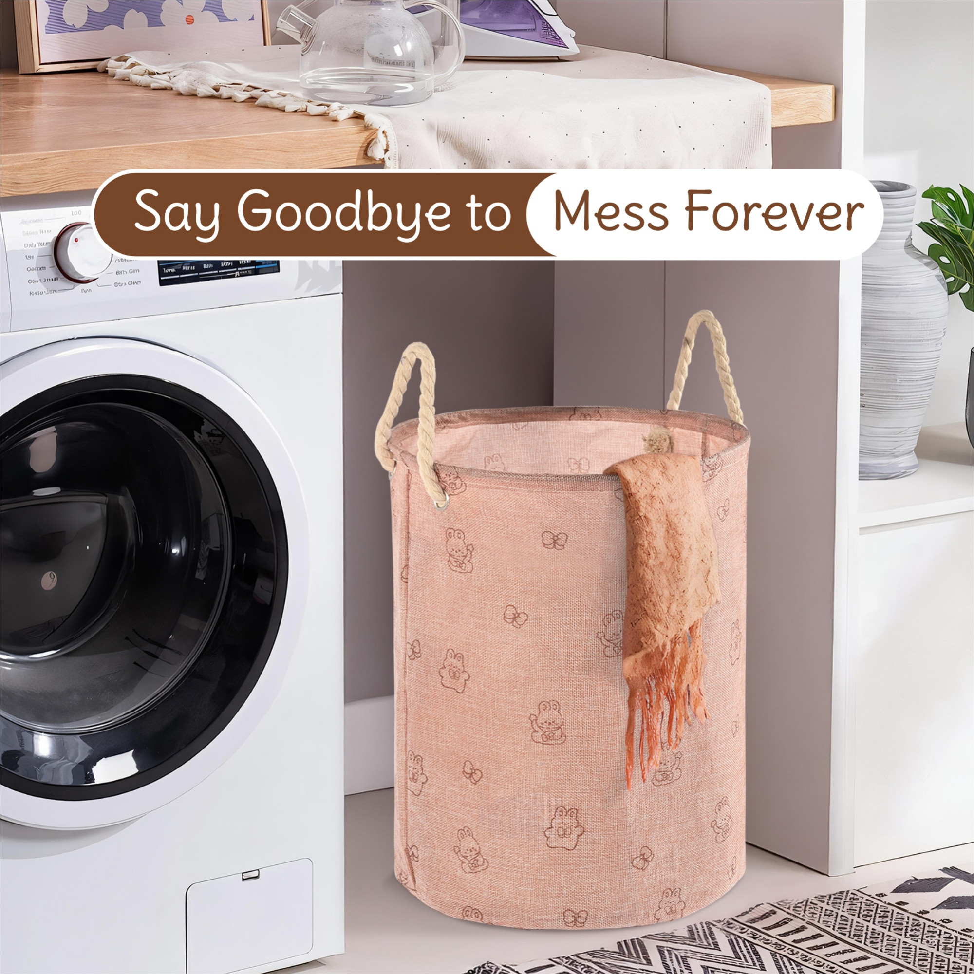 Kuber Industries Foldable Washing ClothesStorage Basket with Handles  Used Clothes Storage Bag  Laundry Hamper for Dirty Clothes  Toys  GM-19-PNK  Rabbit Print - Pink