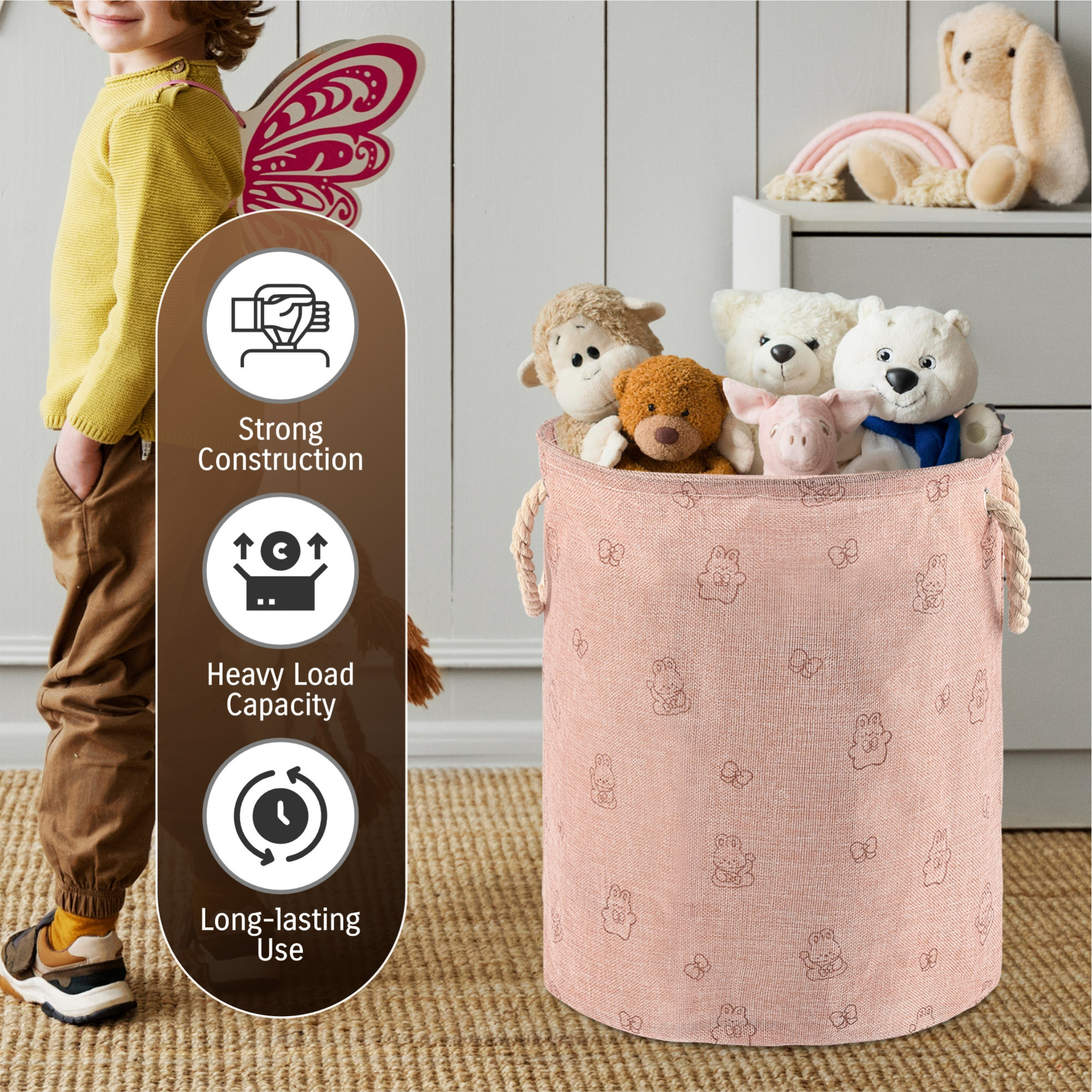 Kuber Industries Foldable Washing ClothesStorage Basket with Handles  Used Clothes Storage Bag  Laundry Hamper for Dirty Clothes  Toys  GM-19-PNK  Rabbit Print - Pink