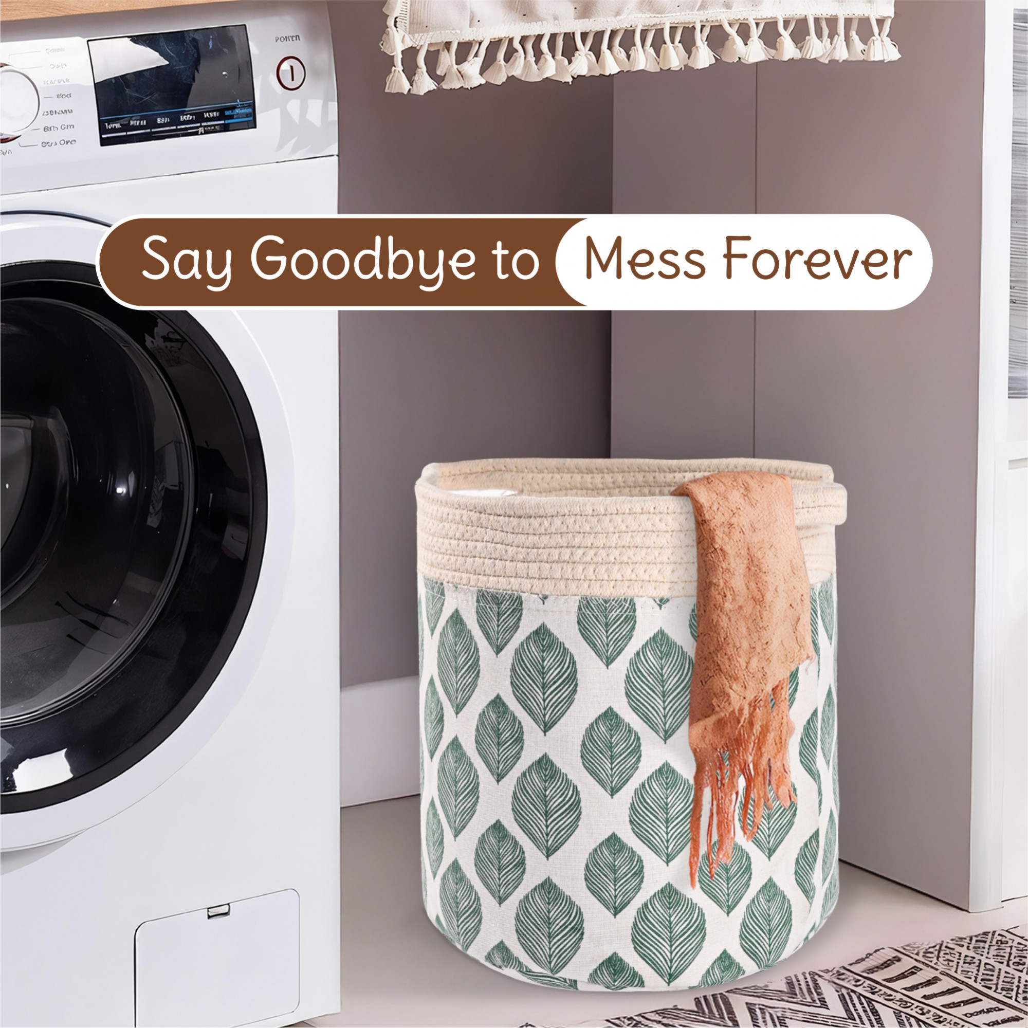 Kuber Industries Foldable Washing ClothesStorage Basket with Handles  Used Clothes Storage Bag  Laundry Hamper for Dirty Clothes  Toys  GM-22-WHH  Leaves Print - White