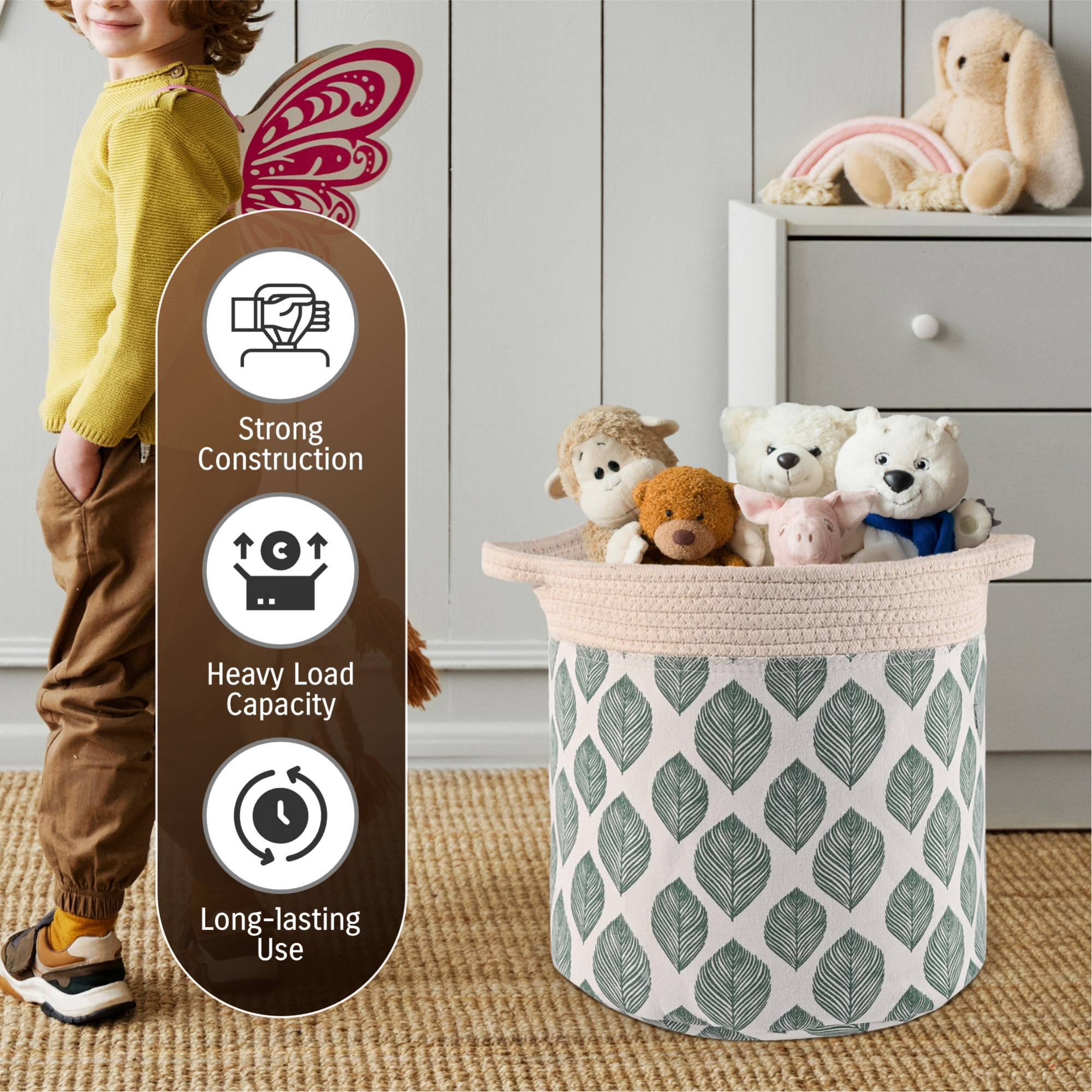 Kuber Industries Foldable Washing ClothesStorage Basket with Handles  Used Clothes Storage Bag  Laundry Hamper for Dirty Clothes  Toys  GM-22-WHH  Leaves Print - White