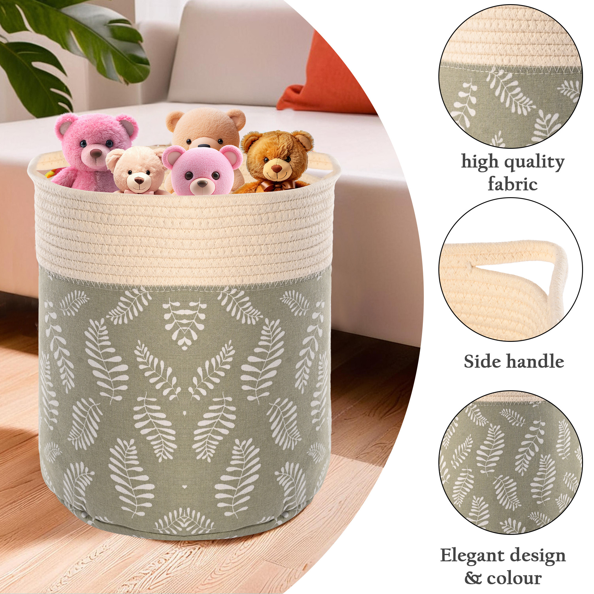 Kuber Industries Foldable Washing ClothesStorage Basket with Handles  Used Clothes Storage Bag  Laundry Hamper for Dirty Clothes  Toys  GM-22-GRN  Leaves Print - Green