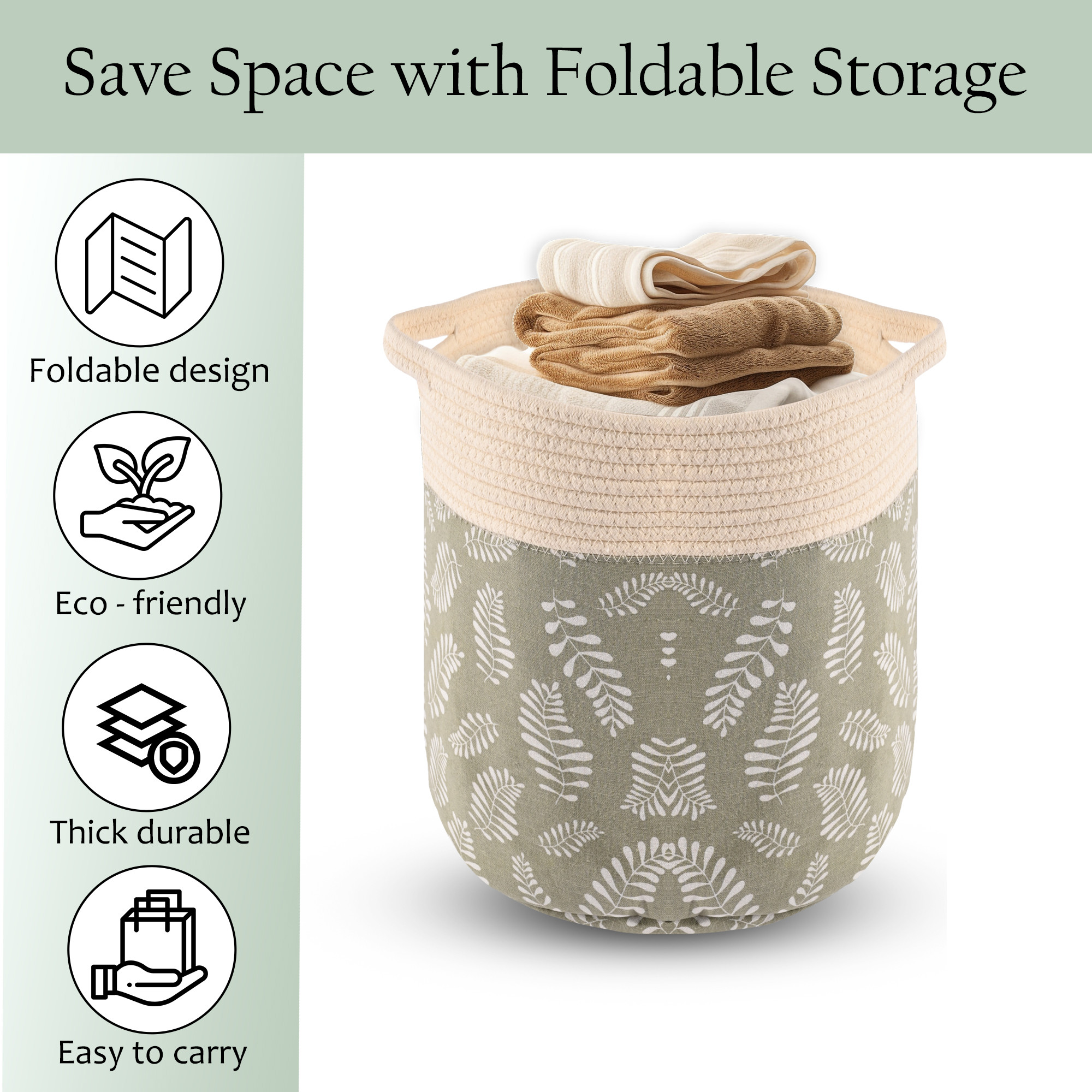 Kuber Industries Foldable Washing ClothesStorage Basket with Handles  Used Clothes Storage Bag  Laundry Hamper for Dirty Clothes  Toys  GM-22-GRN  Leaves Print - Green