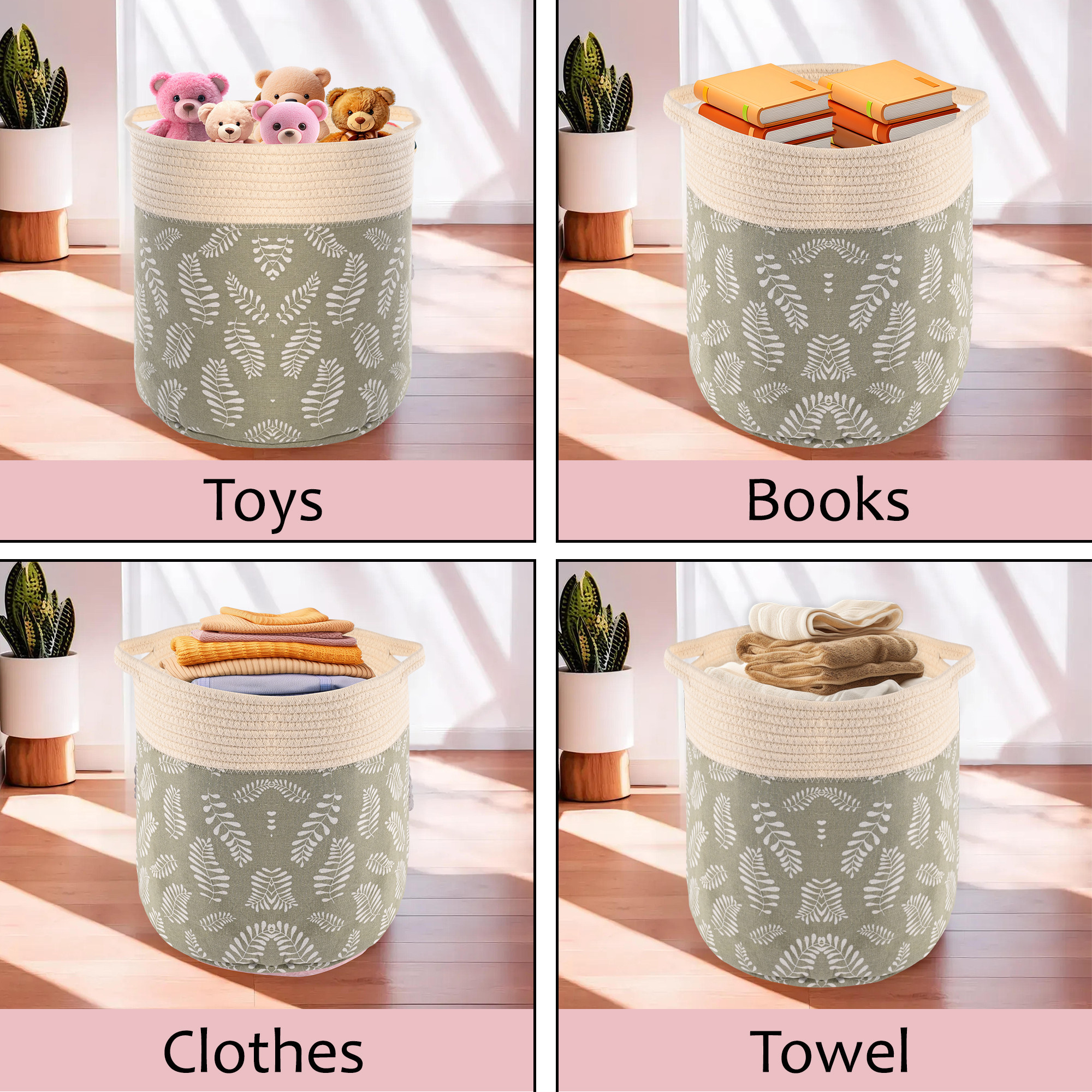 Kuber Industries Foldable Washing ClothesStorage Basket with Handles  Used Clothes Storage Bag  Laundry Hamper for Dirty Clothes  Toys  GM-22-GRN  Leaves Print - Green