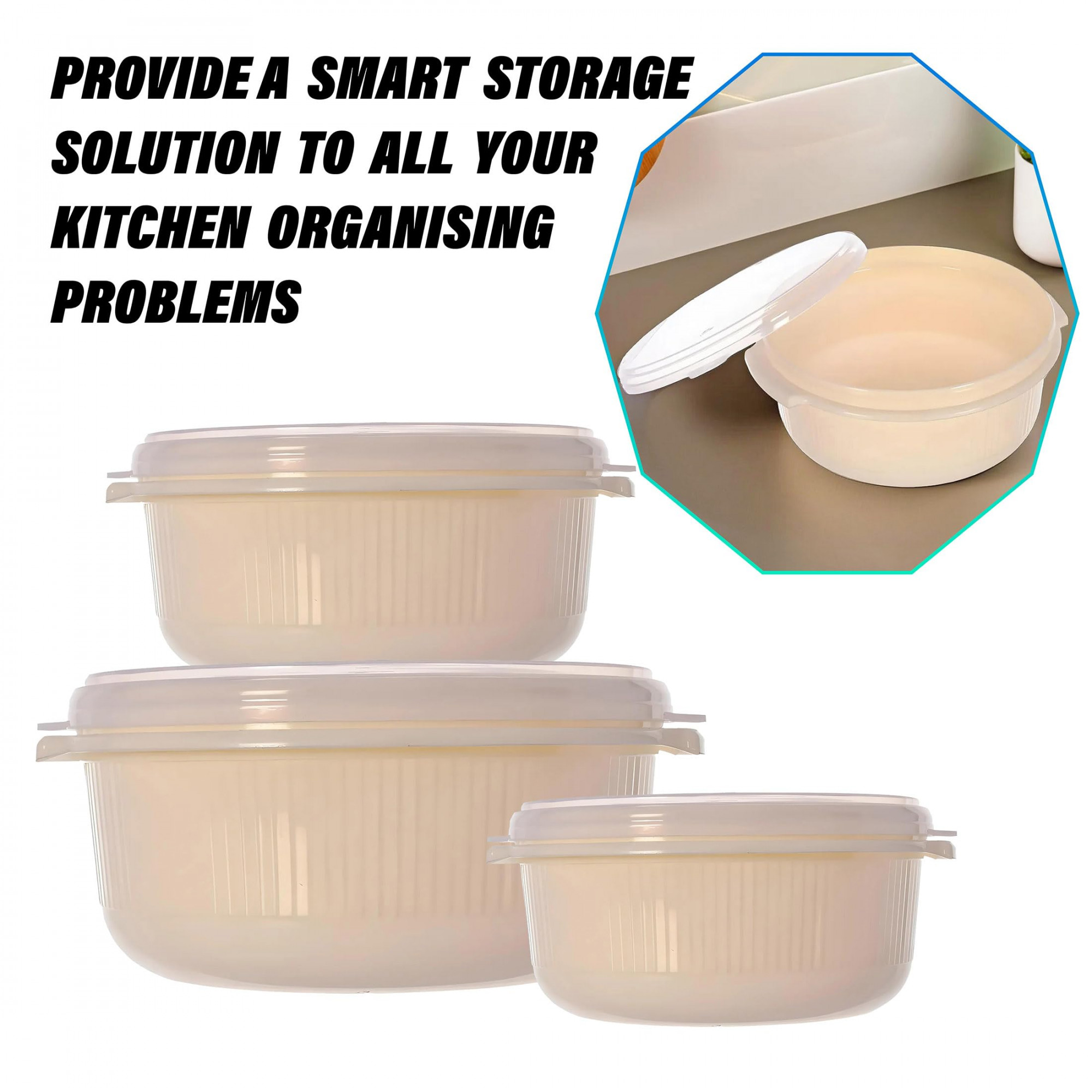 Kuber Industries Food Grade Microwave  Freezer Safe Plastic Bowls Food Storage Container Set With Lid Set of 3 3200ml 1800ml 1000ml Cream-46KM0318