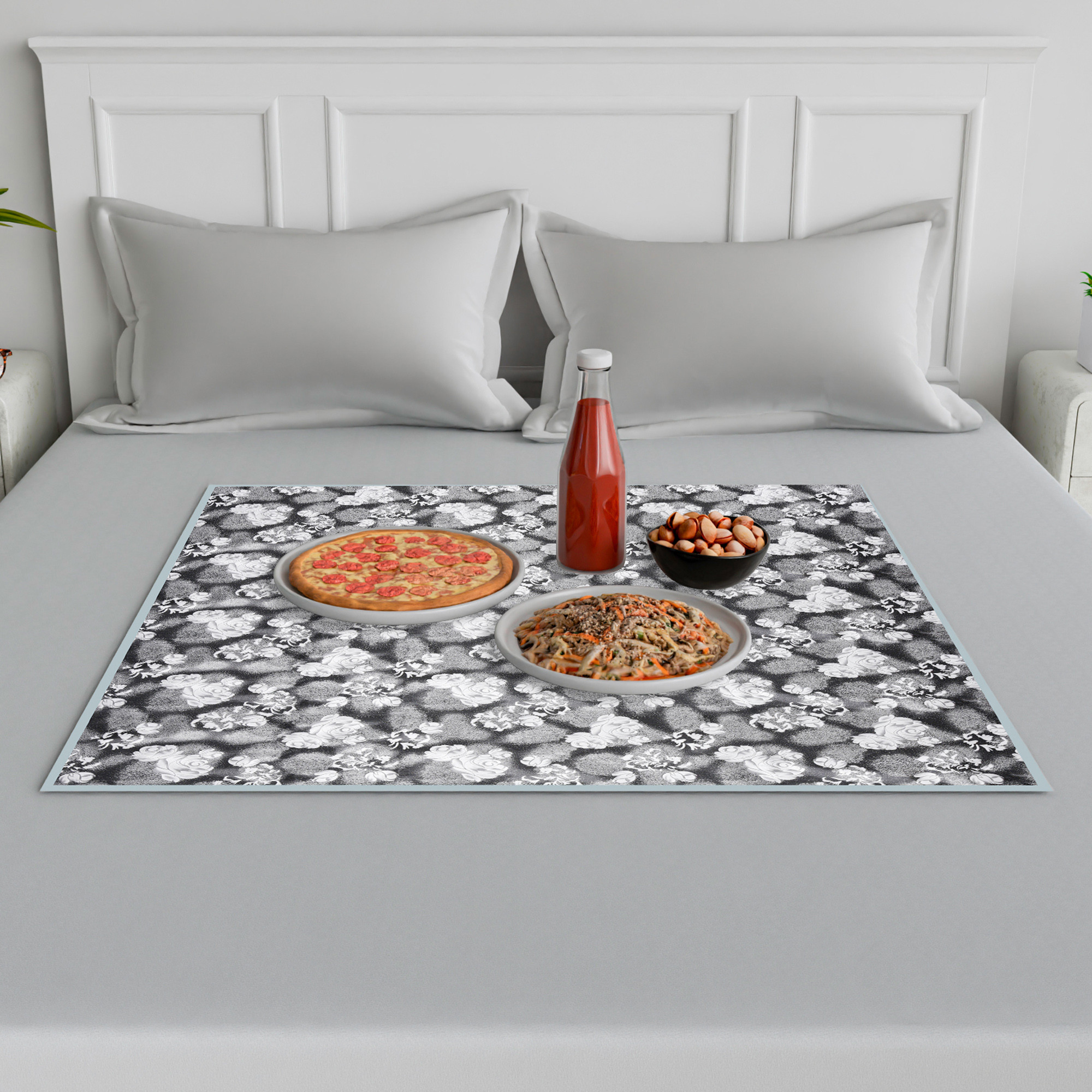 Kuber Industries Food Mat | Bedsheet Protector for Home | Bed Server Food Mat | Bed Server Mat | Rexine Flower Mattress Protector for Home | Food Mat for Kids | Gray