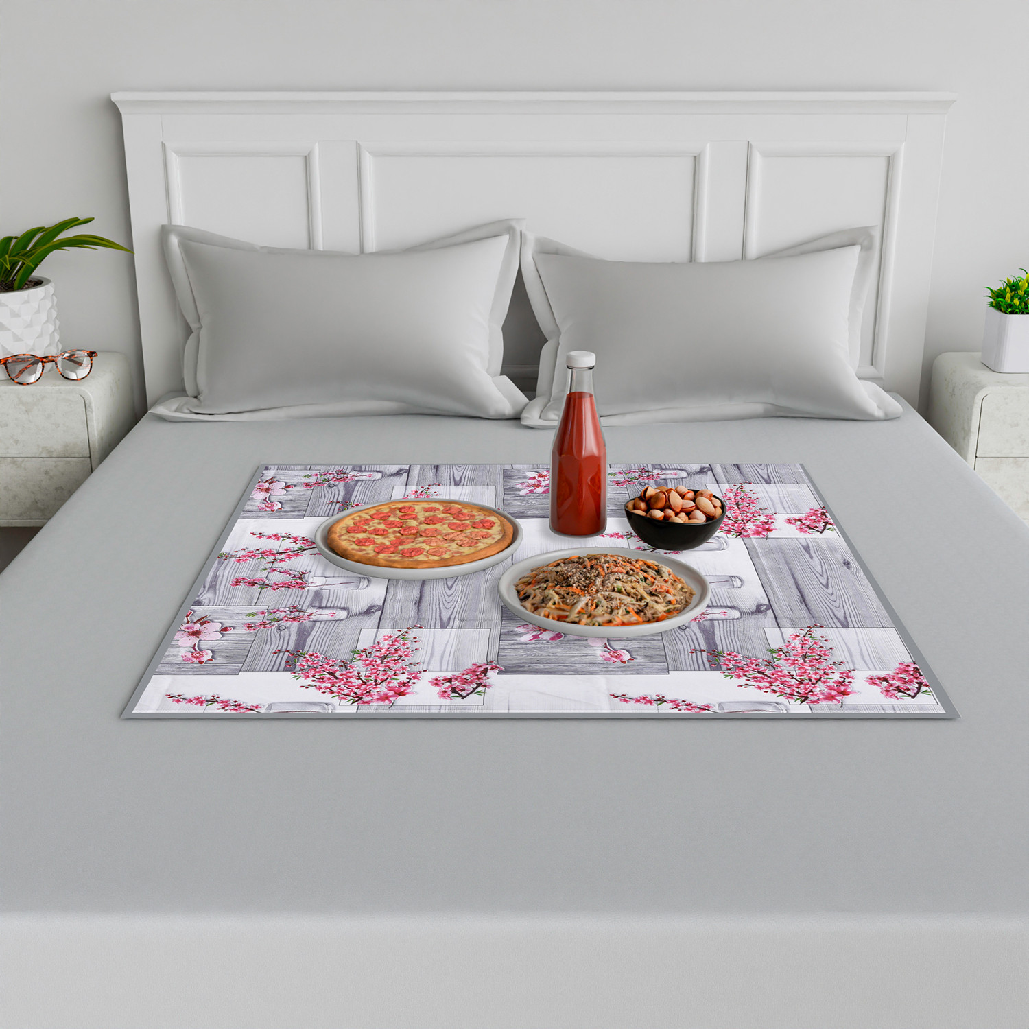 Kuber Industries Food Mat | Bedsheet Protector for Home | Reversible Bed Server Mat | Pink Flower Mattress Protector for Home | Food Mat for Kids | 92 cm | Gray