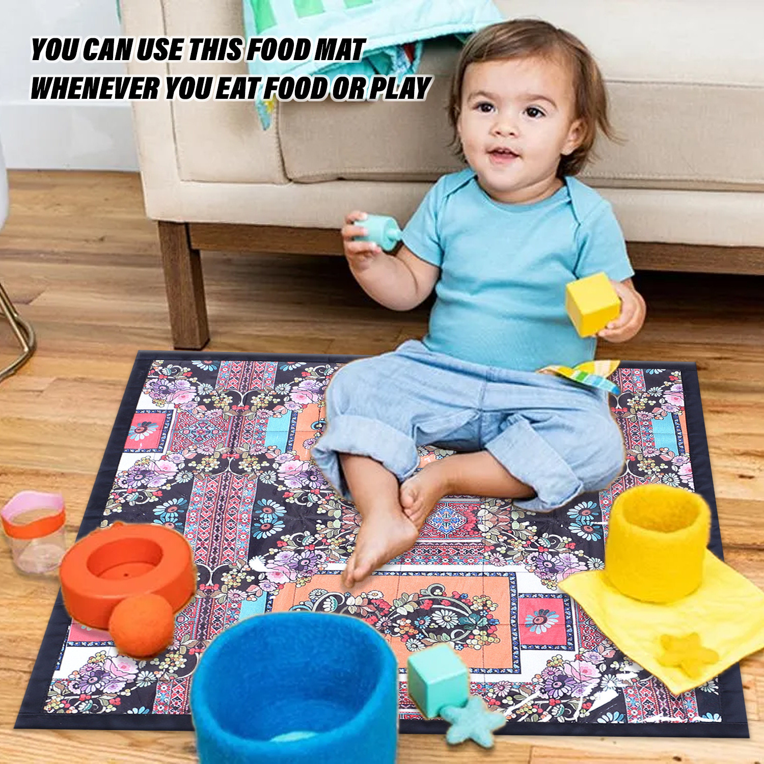 Kuber Industries Food Mat  Digital Flower Print Bed Server  Laminated Bed Protector for Home  Bed Server for Bedsheet  27 Inch  Black