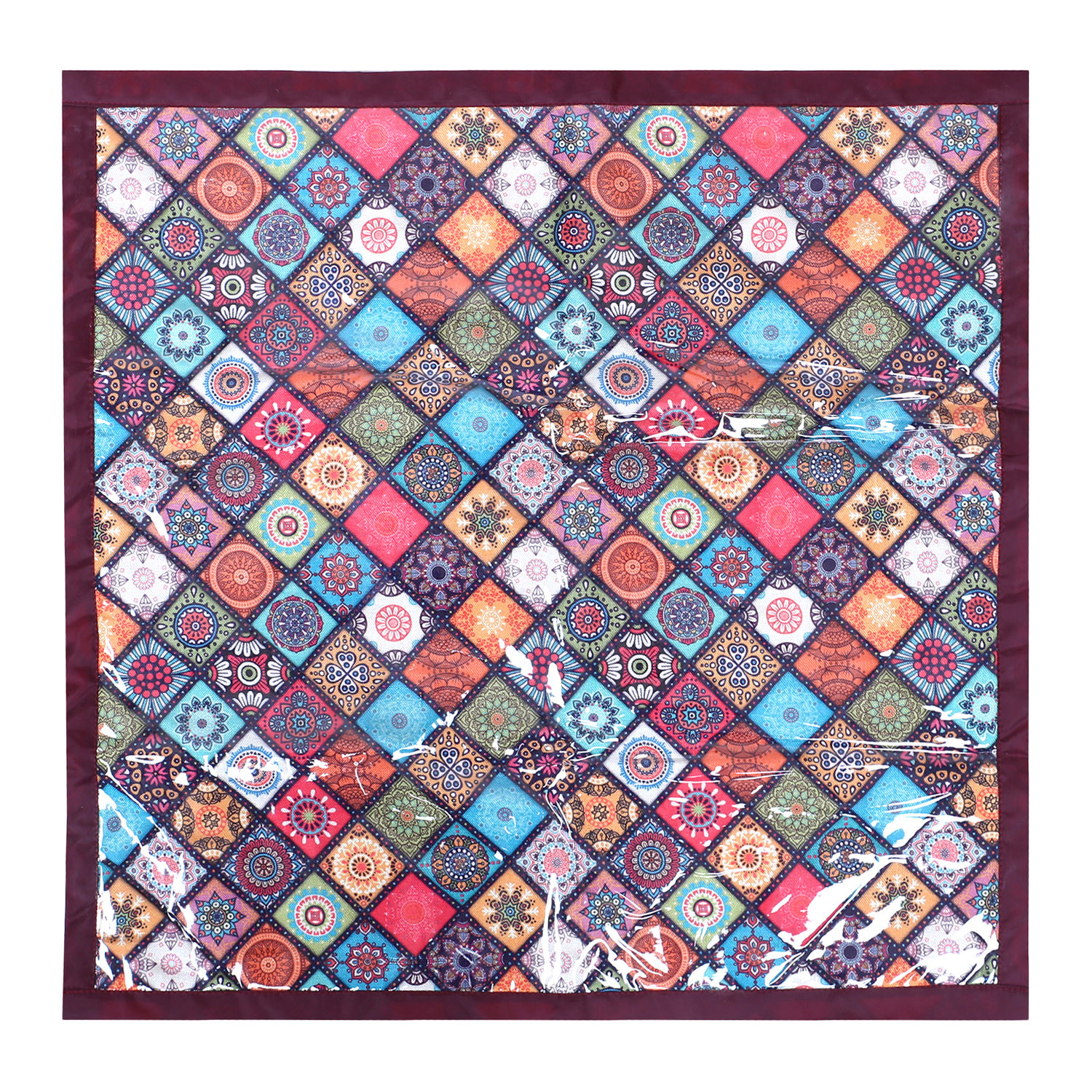 Kuber Industries Food Mat  Digital Rangoli Print Bed Server  Square Laminated Bed Protector for Home  Bed Server for Bedsheet  27 Inch  Maroon