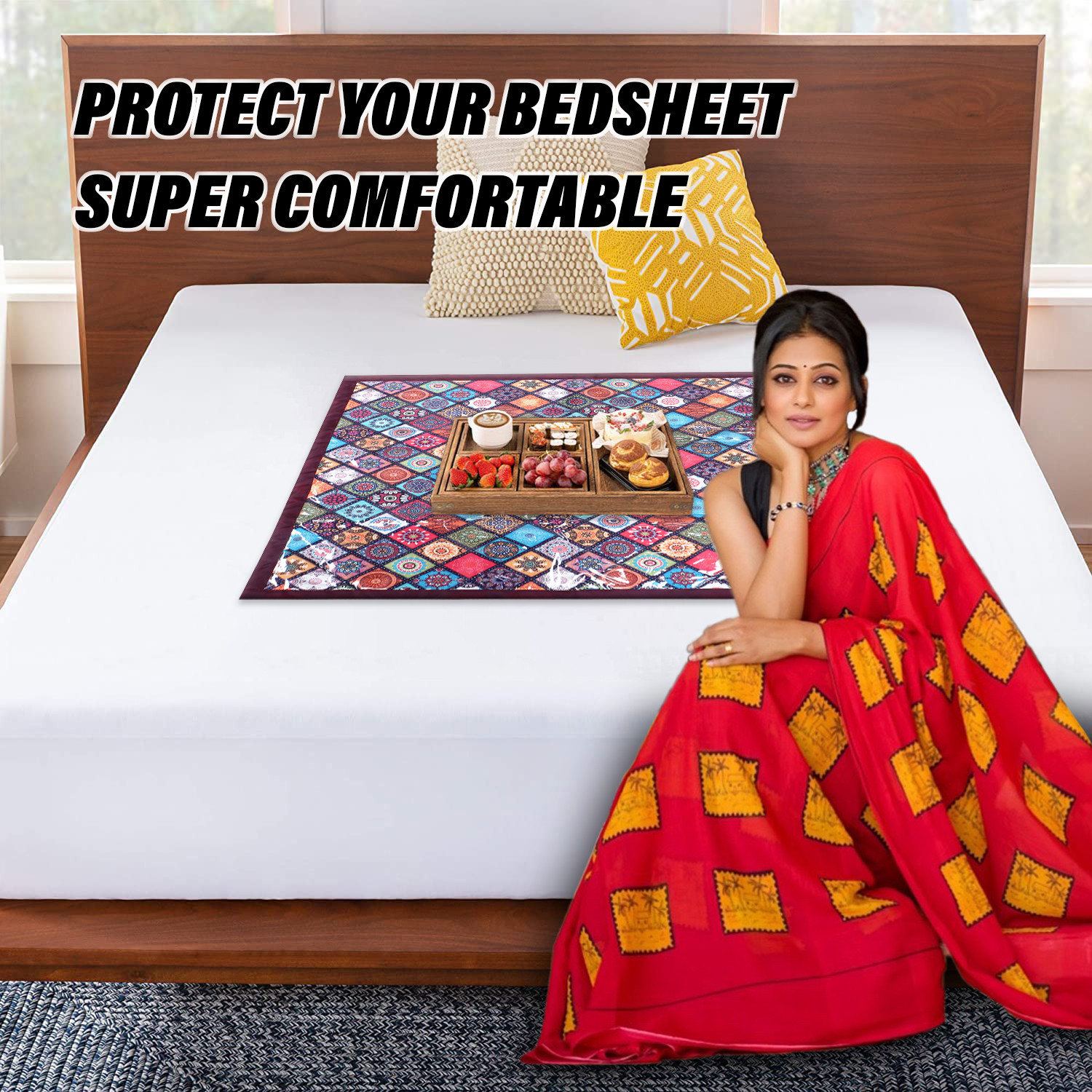 Kuber Industries Food Mat  Digital Rangoli Print Bed Server  Square Laminated Bed Protector for Home  Bed Server for Bedsheet  27 Inch  Maroon