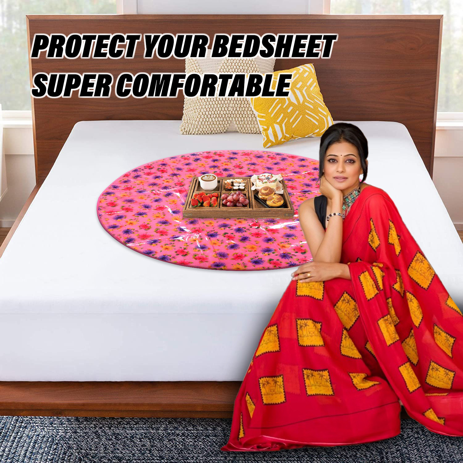 Kuber Industries Food Mat  Floral Design Satin Bed Server  Round Table Placemat  Waterproof Bed Server for Bedsheet  36 Inch  Pink