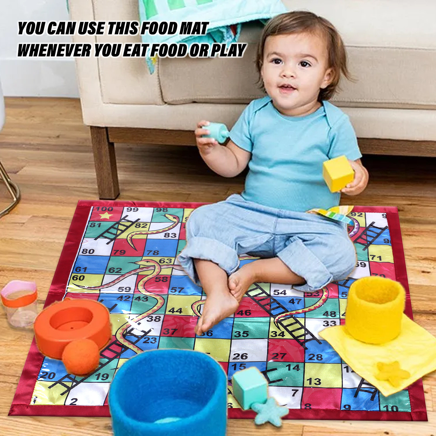 Kuber Industries Food Mat  Ludo  Snake Ladder Print  Square Reversible Laminated  Bed Protector for Home  Bed Server for Bedsheet  22 Inch  Multicolor