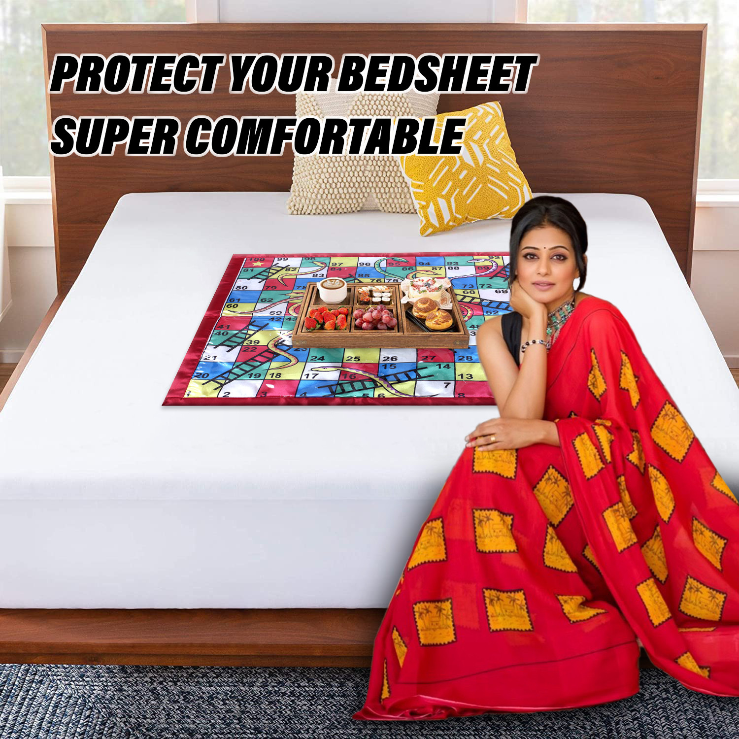 Kuber Industries Food Mat  Ludo  Snake Ladder Print  Square Reversible Laminated  Bed Protector for Home  Bed Server for Bedsheet  22 Inch  Multicolor