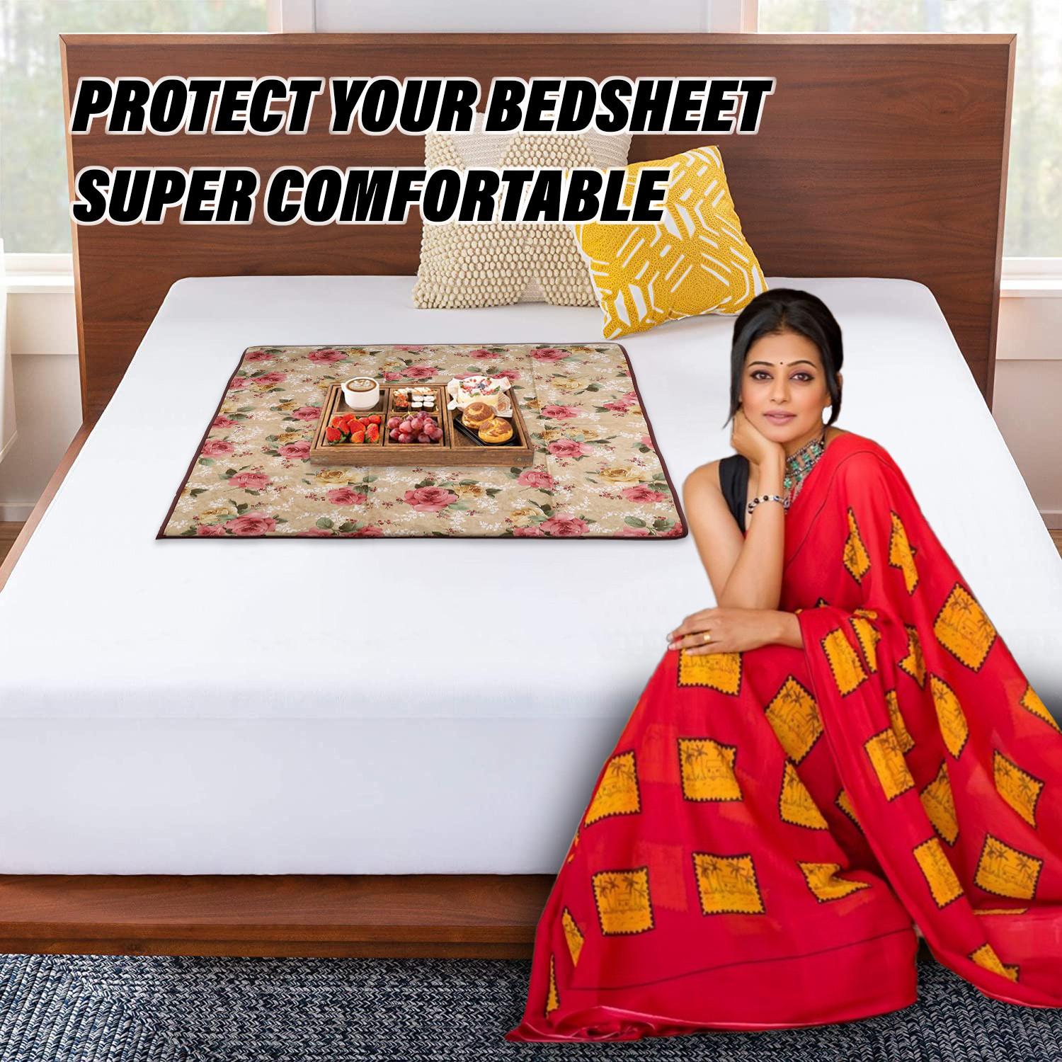 Kuber Industries Food Mat  Waterproof Bedsheet Protector  Reversible Bed Server Mat  Flower Square Mattress Protector for Home  Food Mat for Kids  90 cm  Beige
