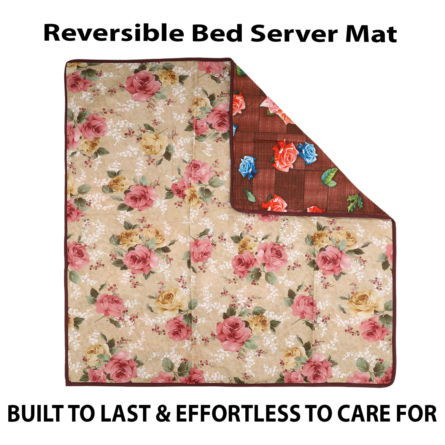 Kuber Industries Food Mat | Waterproof Bedsheet Protector | Reversible Bed Server Mat | Flower Square Mattress Protector for Home | Food Mat for Kids | 90 cm | Beige
