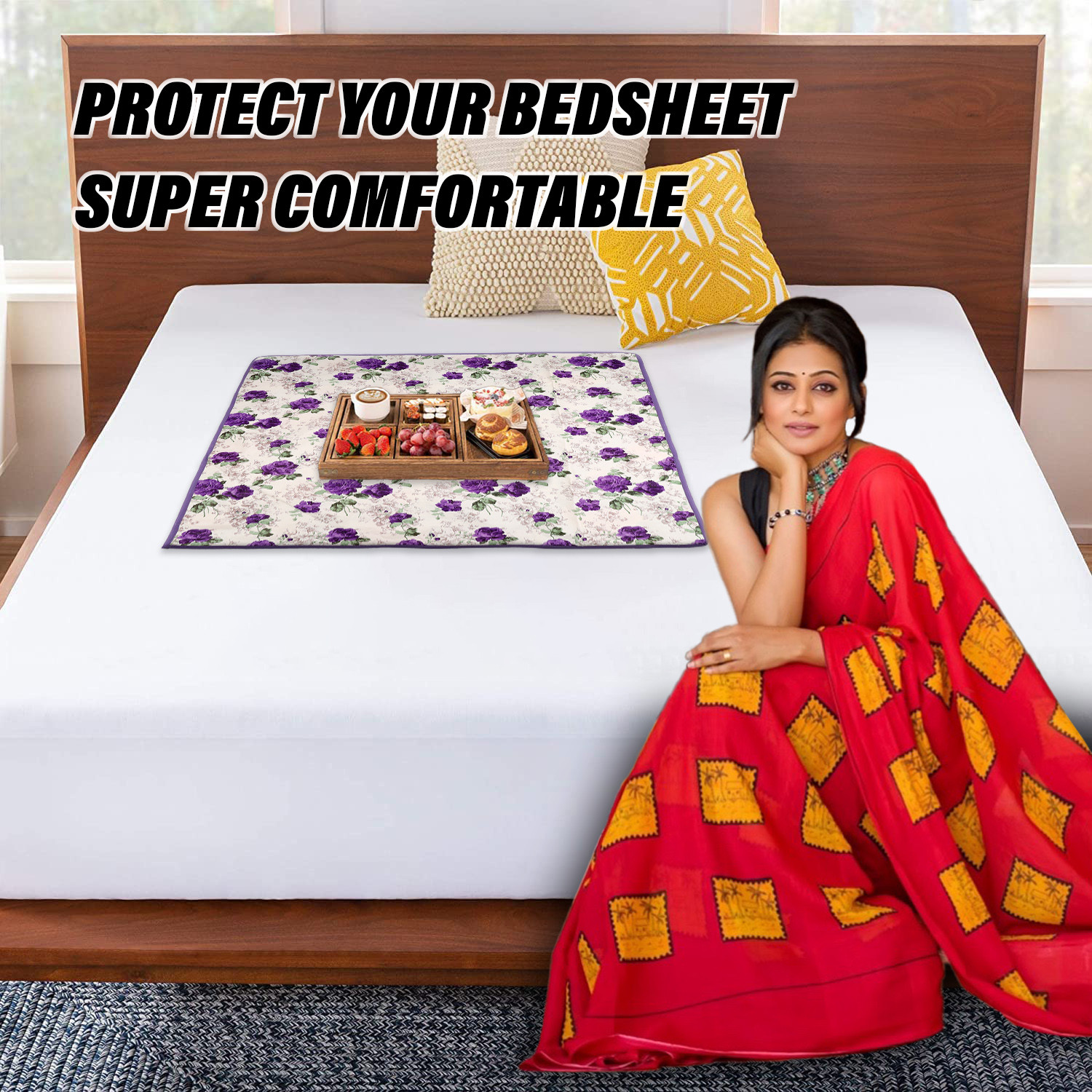 Kuber Industries Food Mat  Waterproof Bedsheet Protector  Reversible Bed Server Mat  Purple Flower Square Mattress Protector for Home  Food Mat for Kids  90 cm  White
