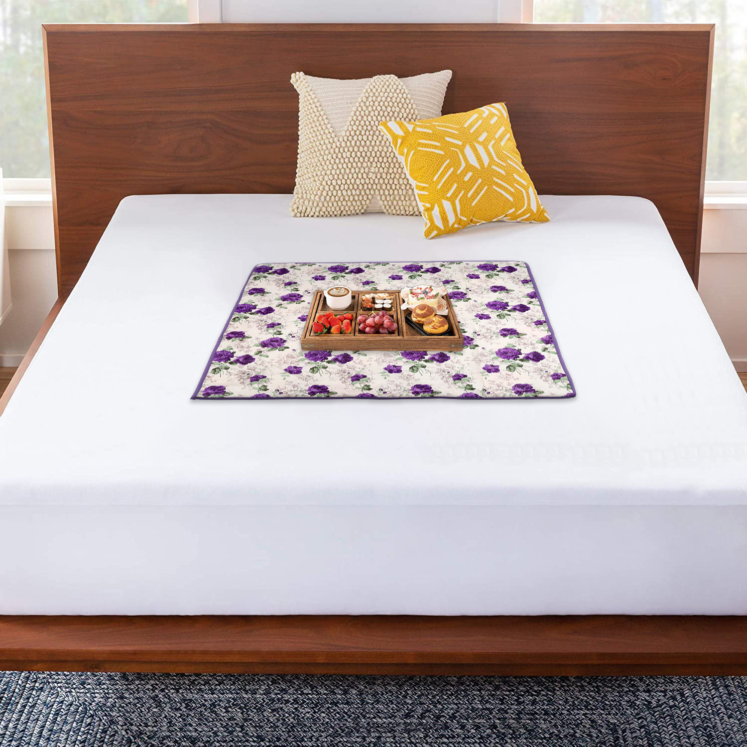 Kuber Industries Food Mat | Waterproof Bedsheet Protector | Reversible Bed Server Mat | Purple Flower Square Mattress Protector for Home | Food Mat for Kids | 90 cm | White