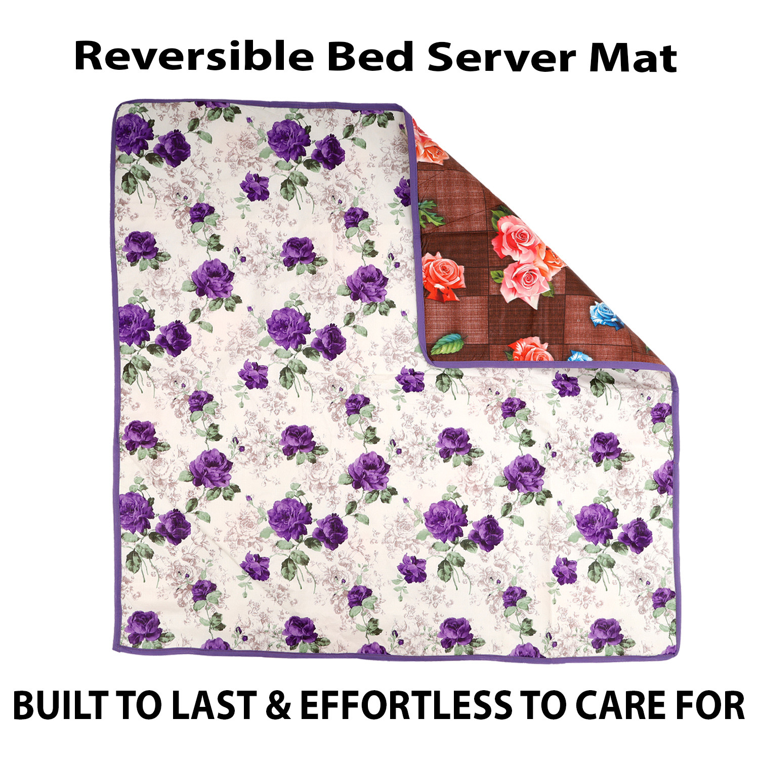 Kuber Industries Food Mat | Waterproof Bedsheet Protector | Reversible Bed Server Mat | Purple Flower Square Mattress Protector for Home | Food Mat for Kids | 90 cm | White
