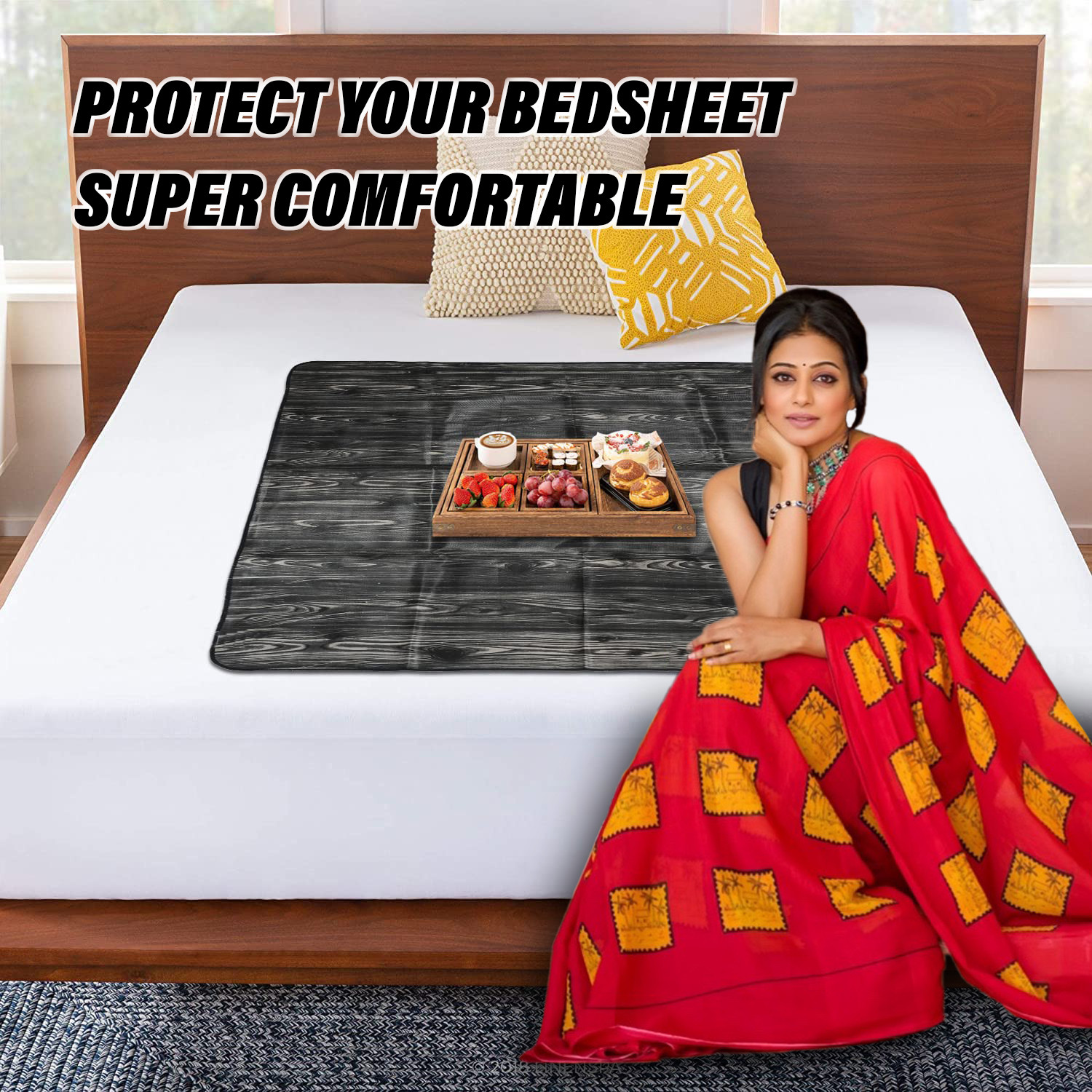 Kuber Industries Food Mat | Wooden Texture Bed Server | Laminated Bed Protector for Home | Bed Server for Bedsheet | 36 Inch | Black