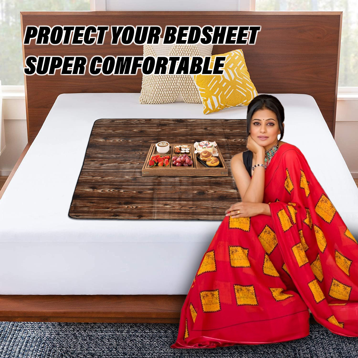 Kuber Industries Food Mat | Wooden Texture Bed Server | Laminated Bed Protector for Home | Bed Server for Bedsheet | 36 Inch | Dark Brown