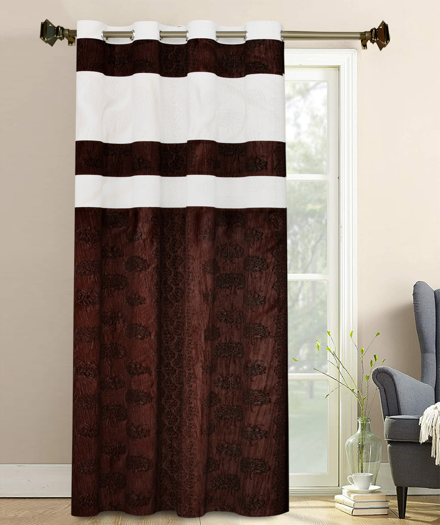 Kuber Industries Forest Printed 7 Feet Door Curtain For Living Room, Bed Room, Kids Room With 8 Eyelet (Brown & Cream)-HS43KUBMART25605