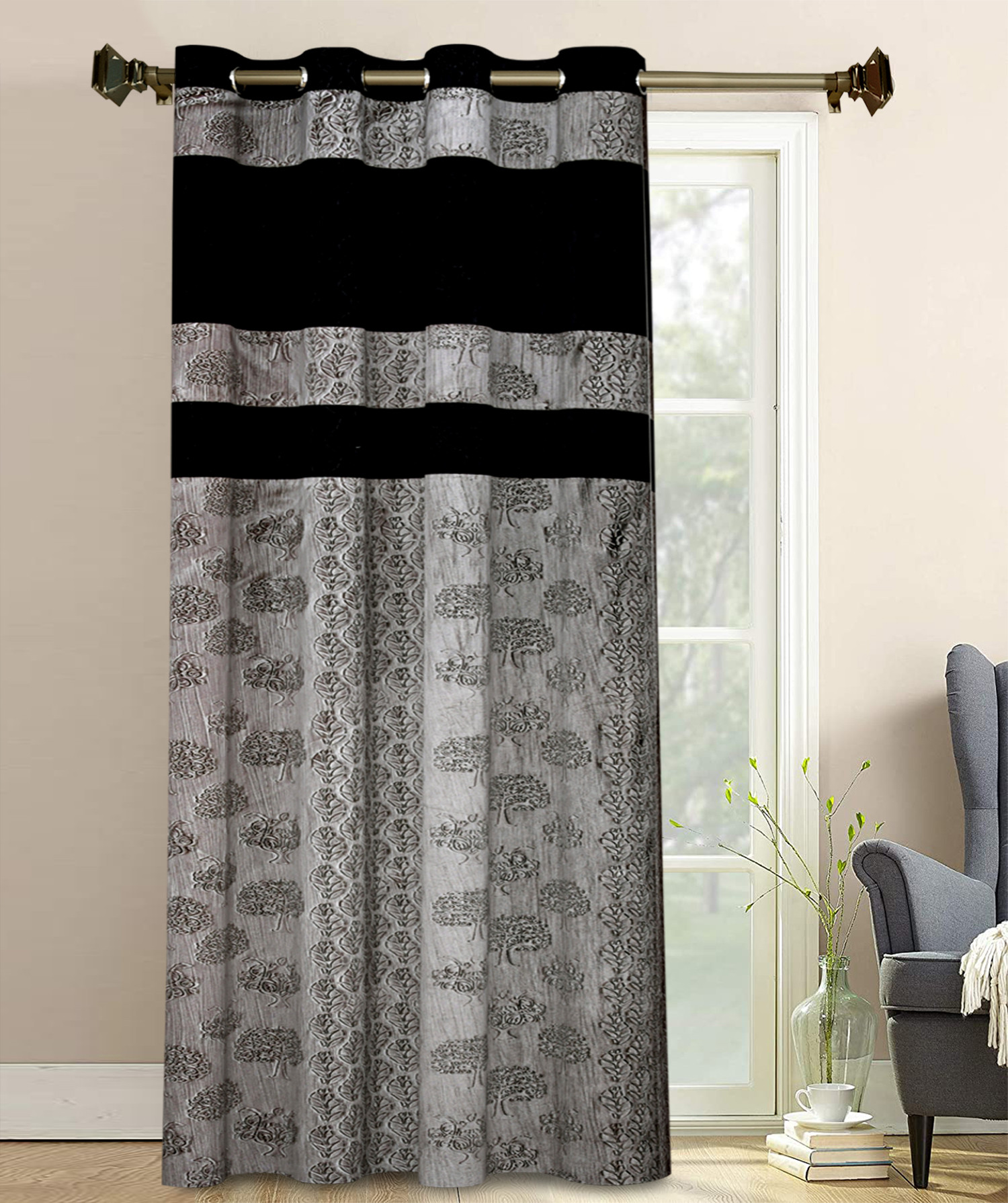 Kuber Industries Forest Printed 7 Feet Door Curtain For Living Room, Bed Room, Kids Room With 8 Eyelet (Black & Grey)-HS43KUBMART25609