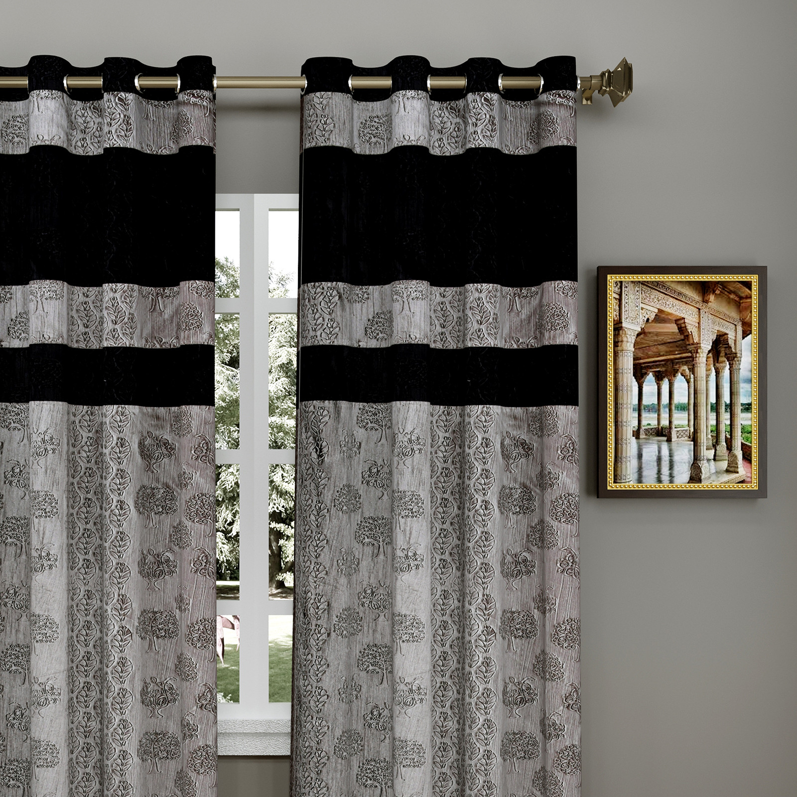 Kuber Industries Forest Printed 7 Feet Door Curtain For Living Room, Bed Room, Kids Room With 8 Eyelet (Black & Grey)-HS43KUBMART25609