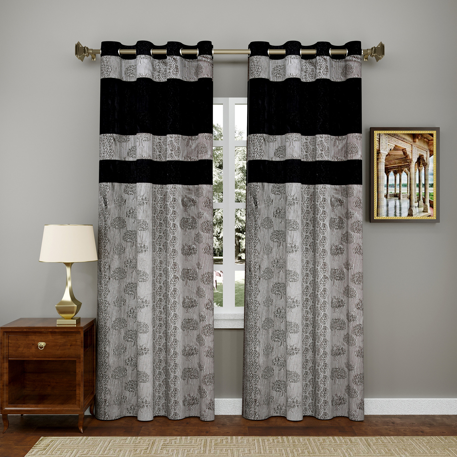 Kuber Industries Forest Printed 7 Feet Door Curtain For Living Room, Bed Room, Kids Room With 8 Eyelet (Black & Grey)-HS43KUBMART25609