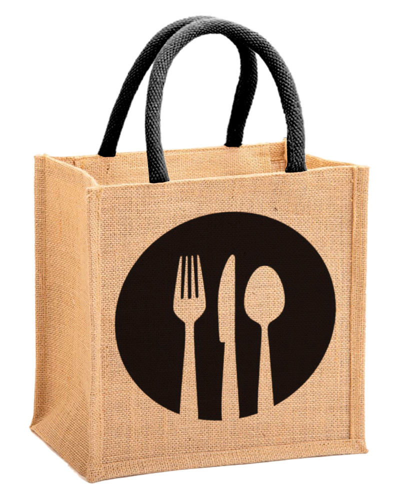 Kuber Industries Fork Knife Print Jute Reusable Eco-Friendly Hand Bag/Grocery Bag For Man, Woman With Handle (Black) 54KM4355