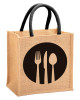 Kuber Industries Fork Knife Print Jute Reusable Eco-Friendly Hand Bag/Grocery Bag For Man, Woman With Handle (Black) 54KM4355
