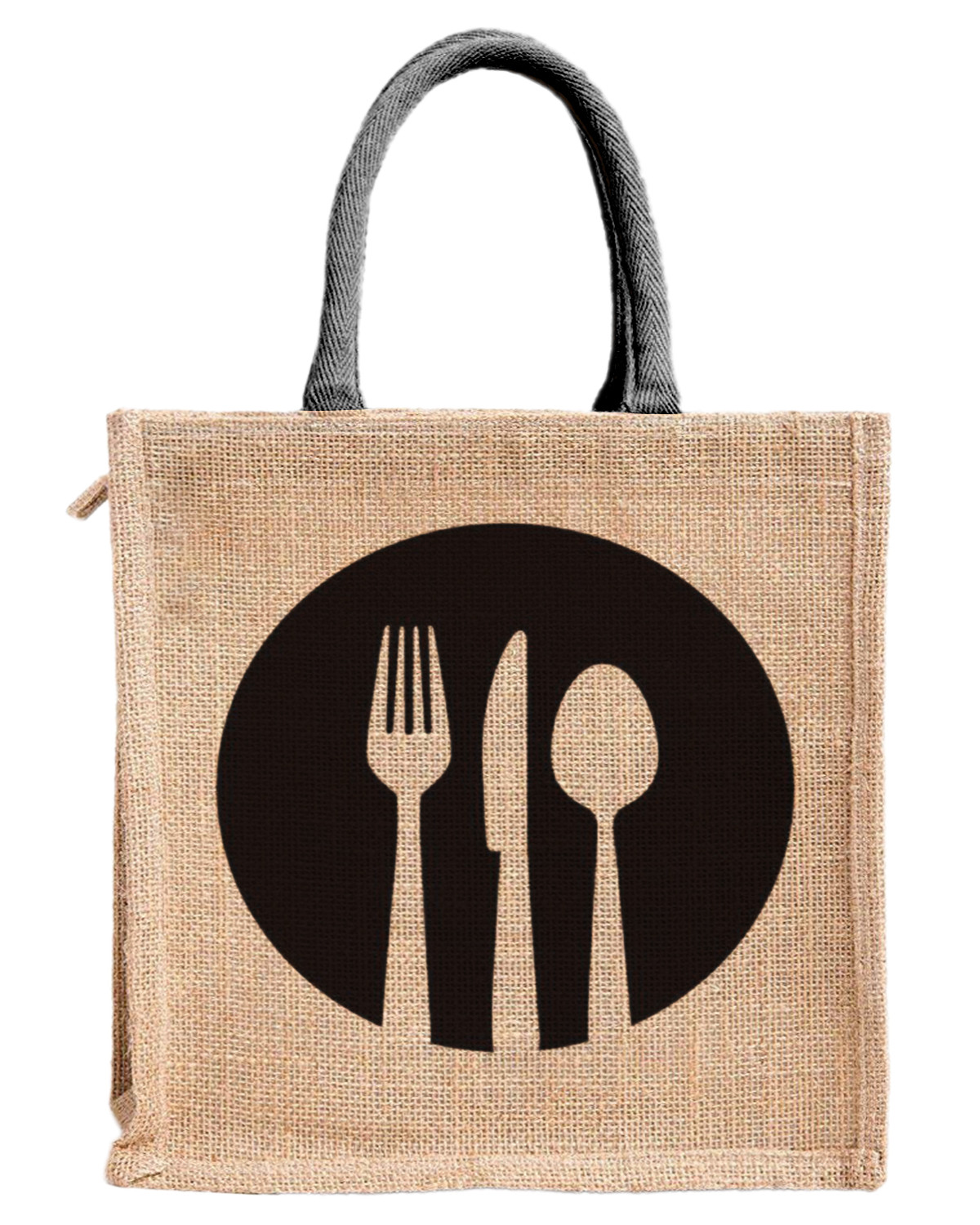 Kuber Industries Fork Knife Print Jute Reusable Eco-Friendly Hand Bag/Grocery Bag For Man, Woman With Handle (Black) 54KM4355