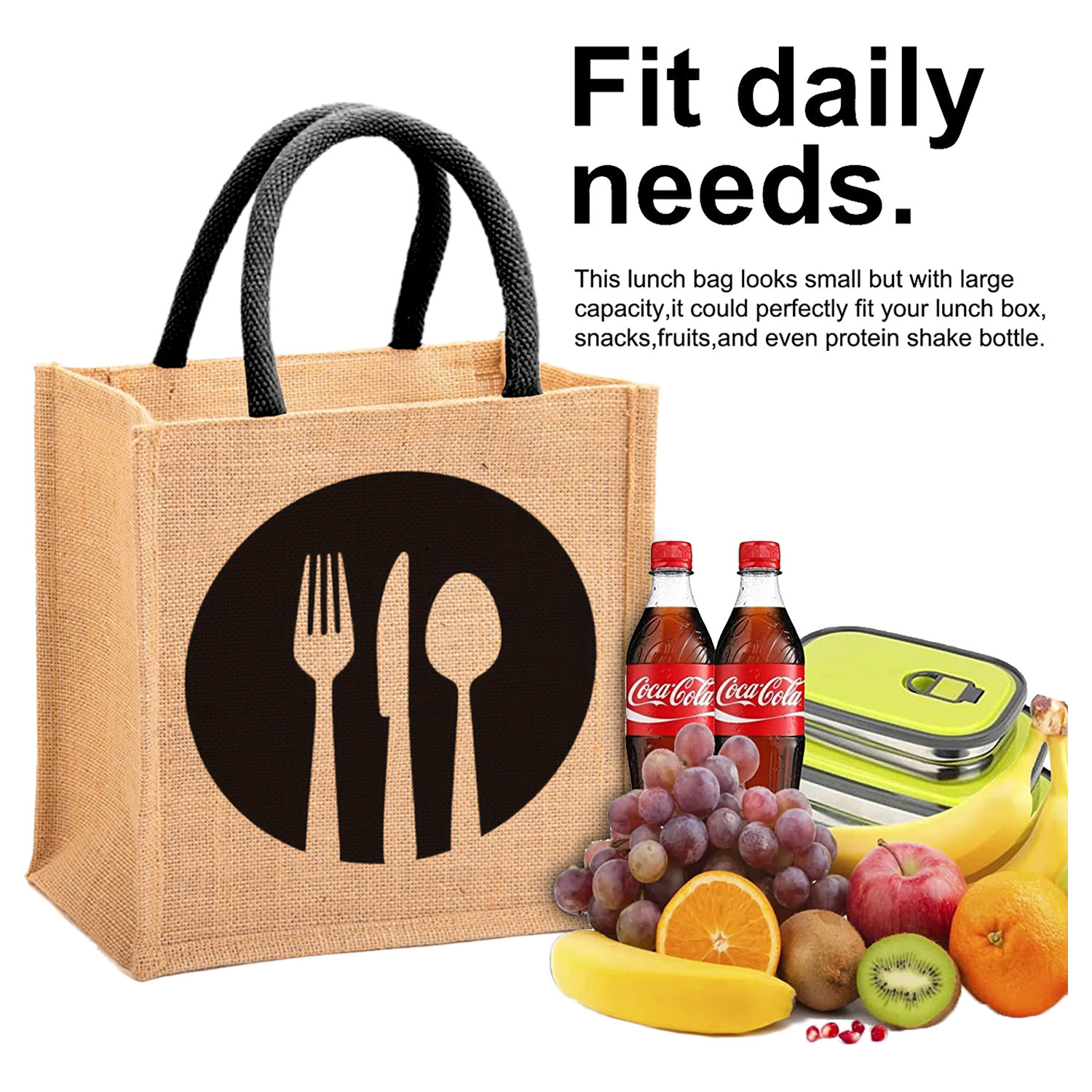 Kuber Industries Fork Knife Print Jute Reusable Eco-Friendly Hand Bag/Grocery Bag For Man, Woman With Handle (Black) 54KM4355