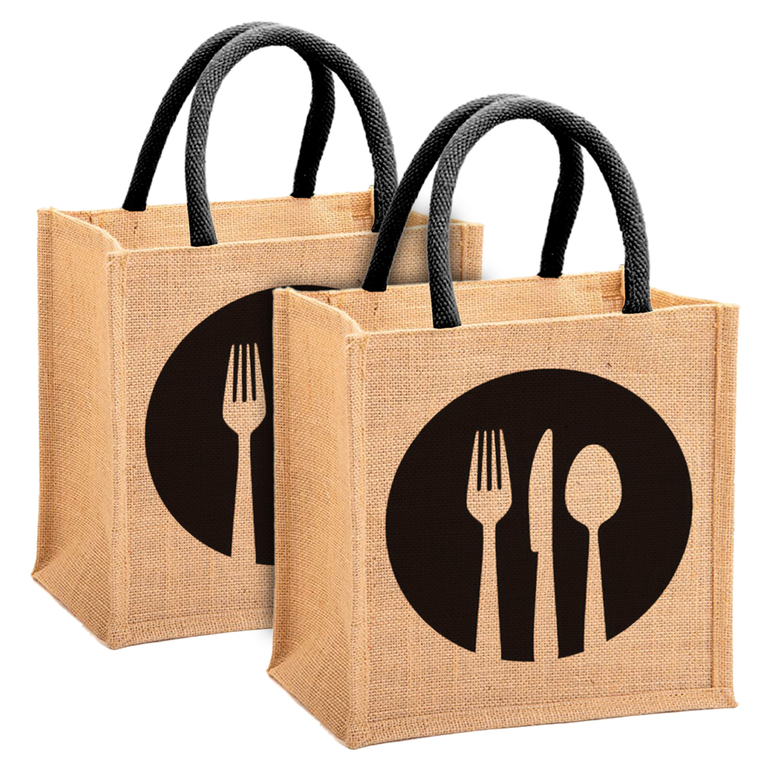 Kuber Industries Fork Knife Print Jute Reusable Eco-Friendly Hand Bag/Grocery Bag For Man, Woman With Handle (Black) 54KM4355