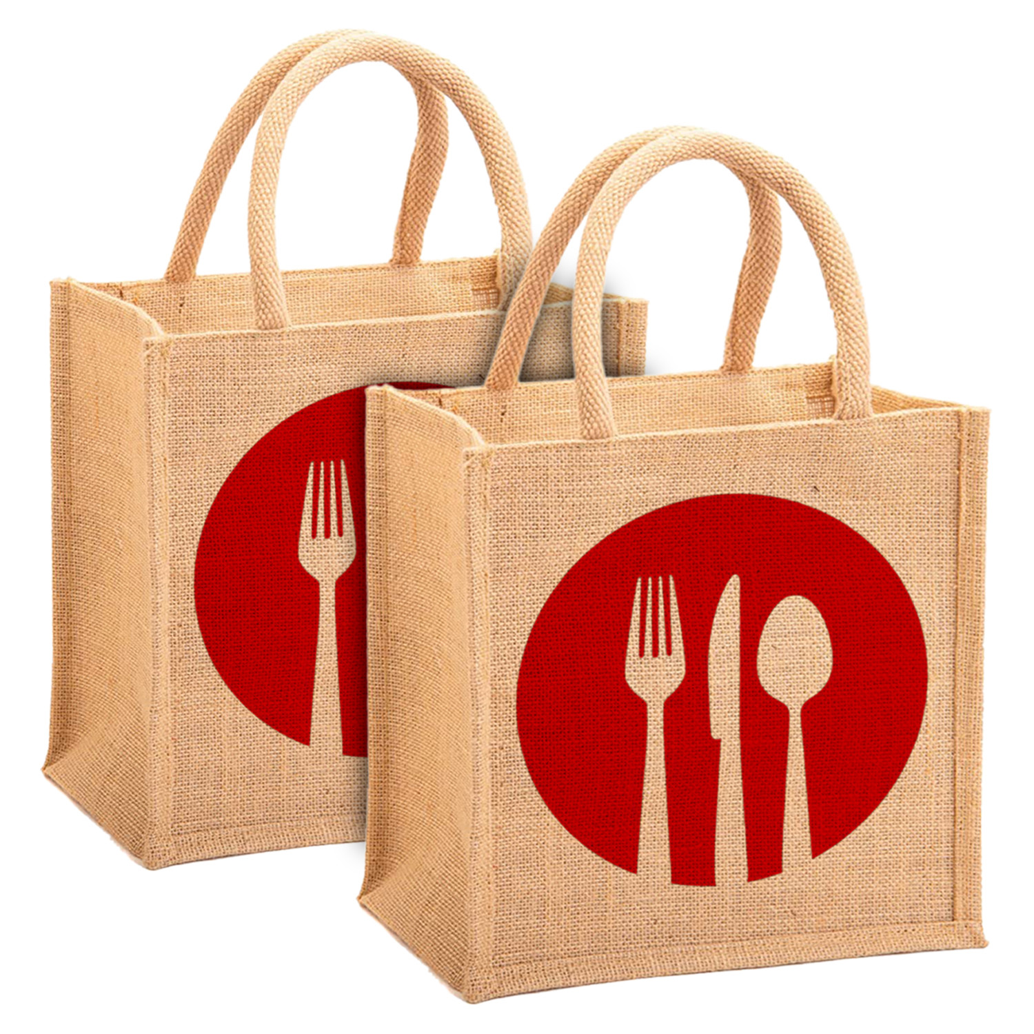Kuber Industries Fork Knife Print Jute Reusable Eco-Friendly Hand Bag/Grocery Bag For Man, Woman With Handle (Red) 54KM4357