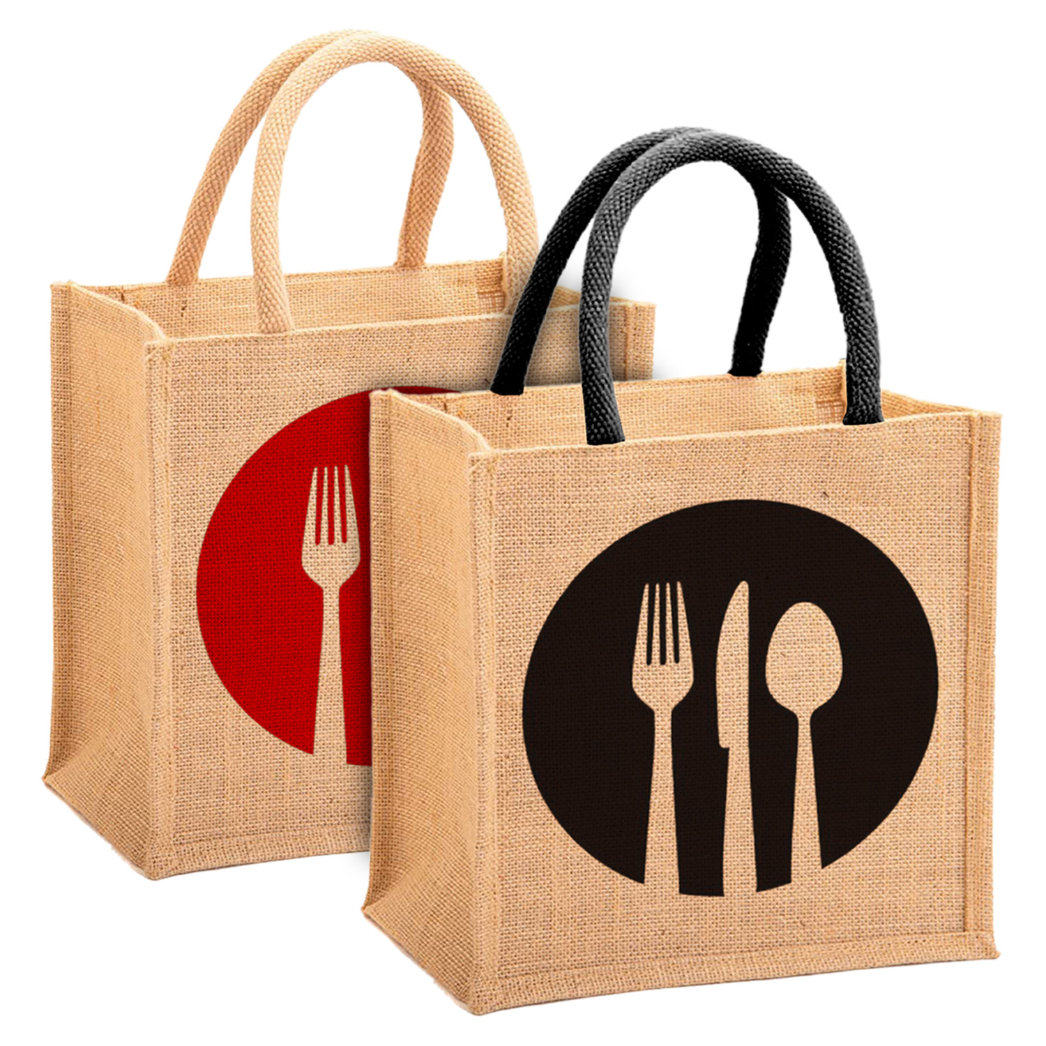 Kuber Industries Fork Knife Print Jute Reusable Eco-Friendly Hand Bag/Grocery Bag For Man, Woman With Handle Pack Of 2 (Black and Red) 54KM4359