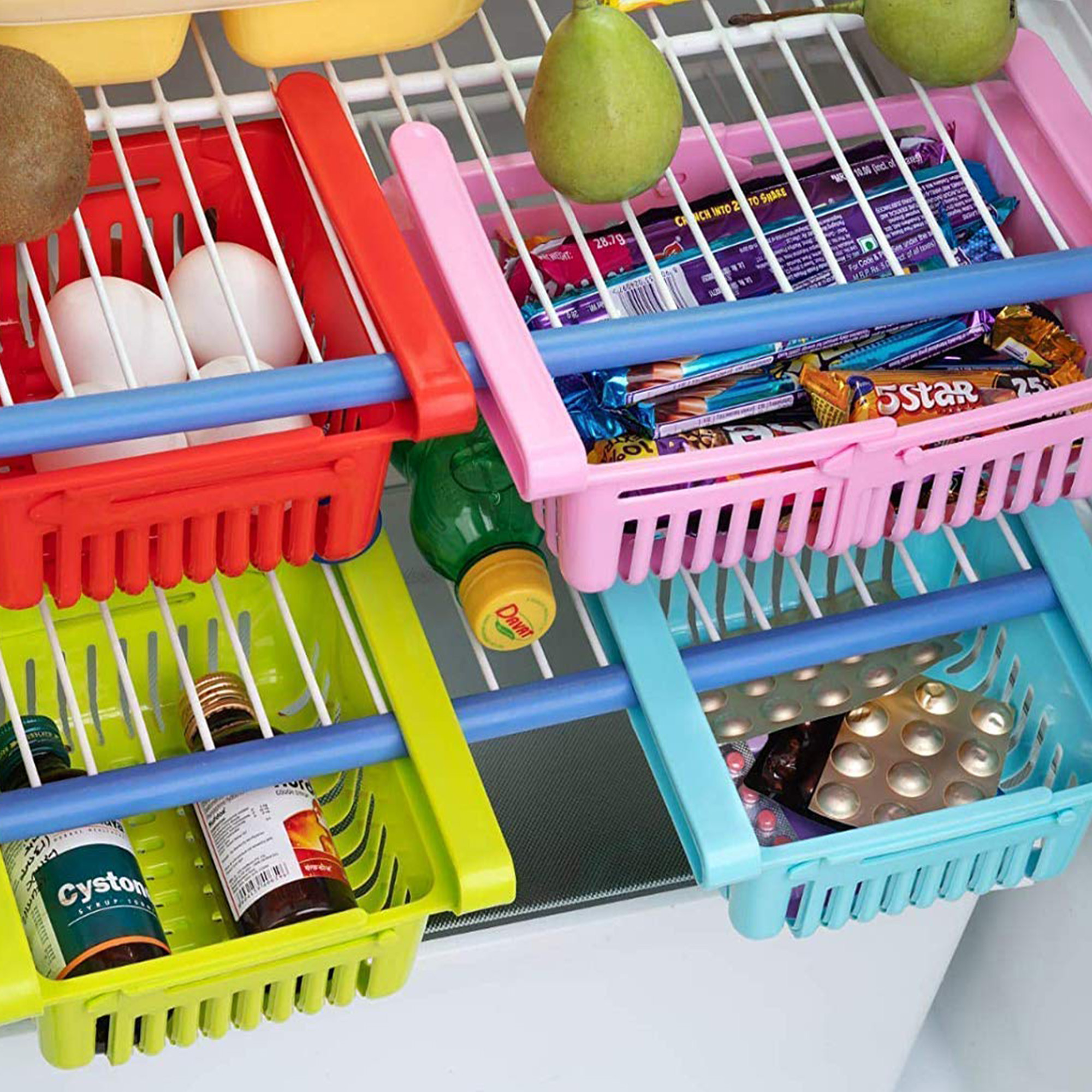 Kuber Industries Fridge Basket | Plastic Storage Basket | Fridge Storage Organizer | Fridge Racks Tray | Sliding Storage Racks | Expandable Fridge Tray | Adjustable Basket | Set of 4 | Assorted