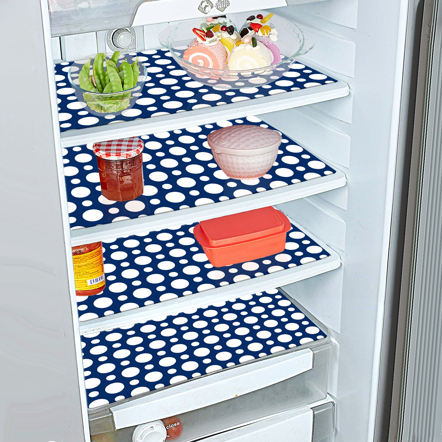 Kuber Industries Fridge Mats | PVC Blue & White Dot Print | Fridge Mat for Refrigerator | Fridge Placemats for Kitchen | Set of 6 | Multicolor