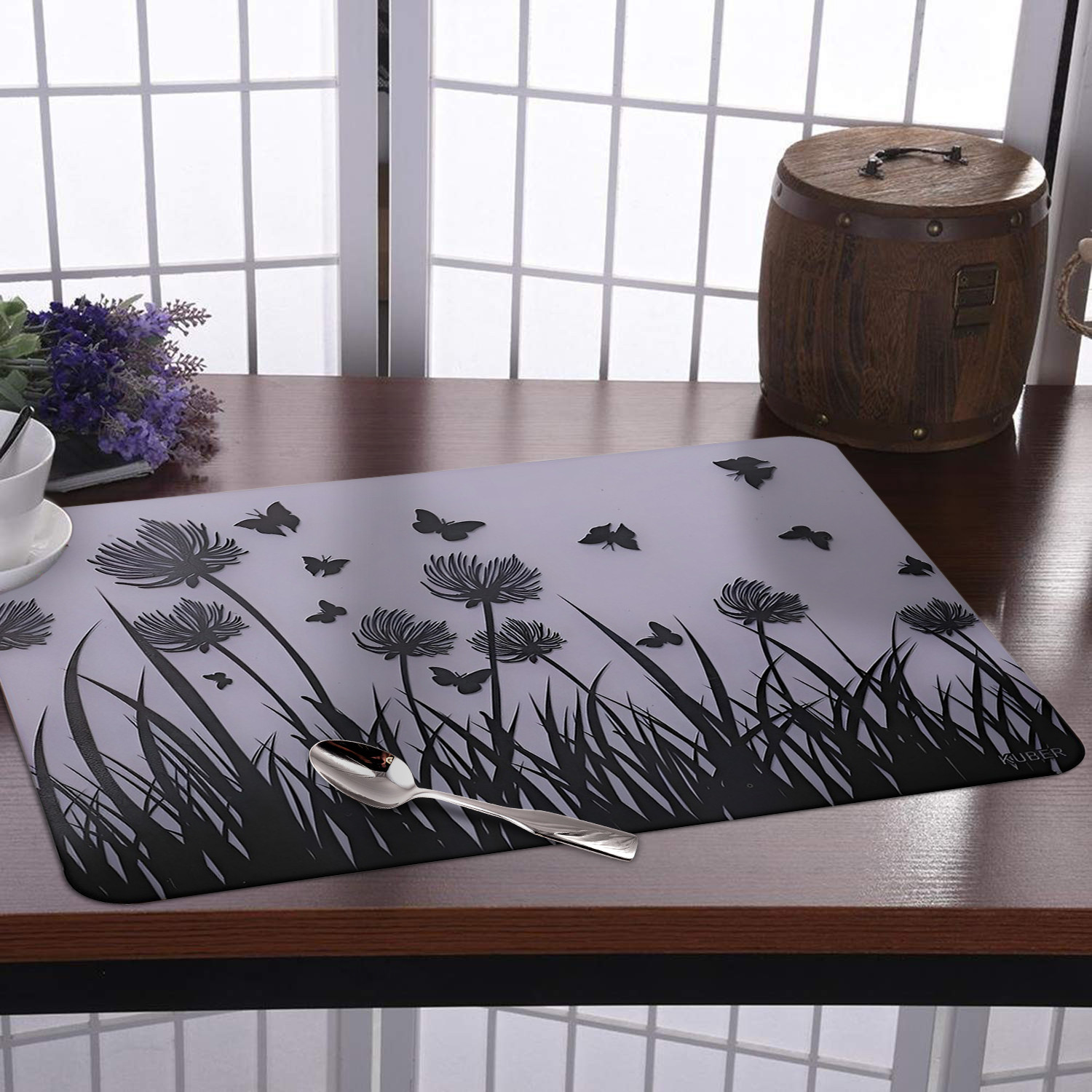 Kuber Industries Fridge Mats | PVC Butterfly Trees Print | Fridge Mat for Refrigerator | Fridge Placemats for Kitchen | Set of 6 | White