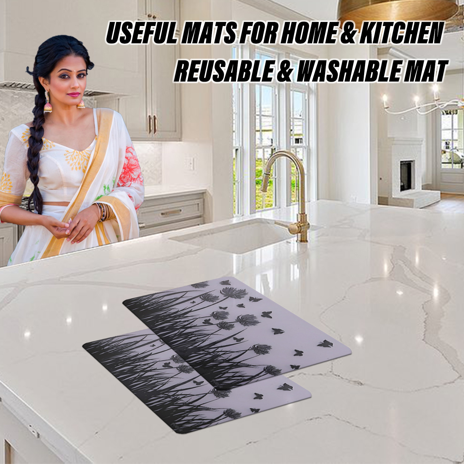 Kuber Industries Fridge Mats | PVC Butterfly Trees Print | Fridge Mat for Refrigerator | Fridge Placemats for Kitchen | Set of 6 | White
