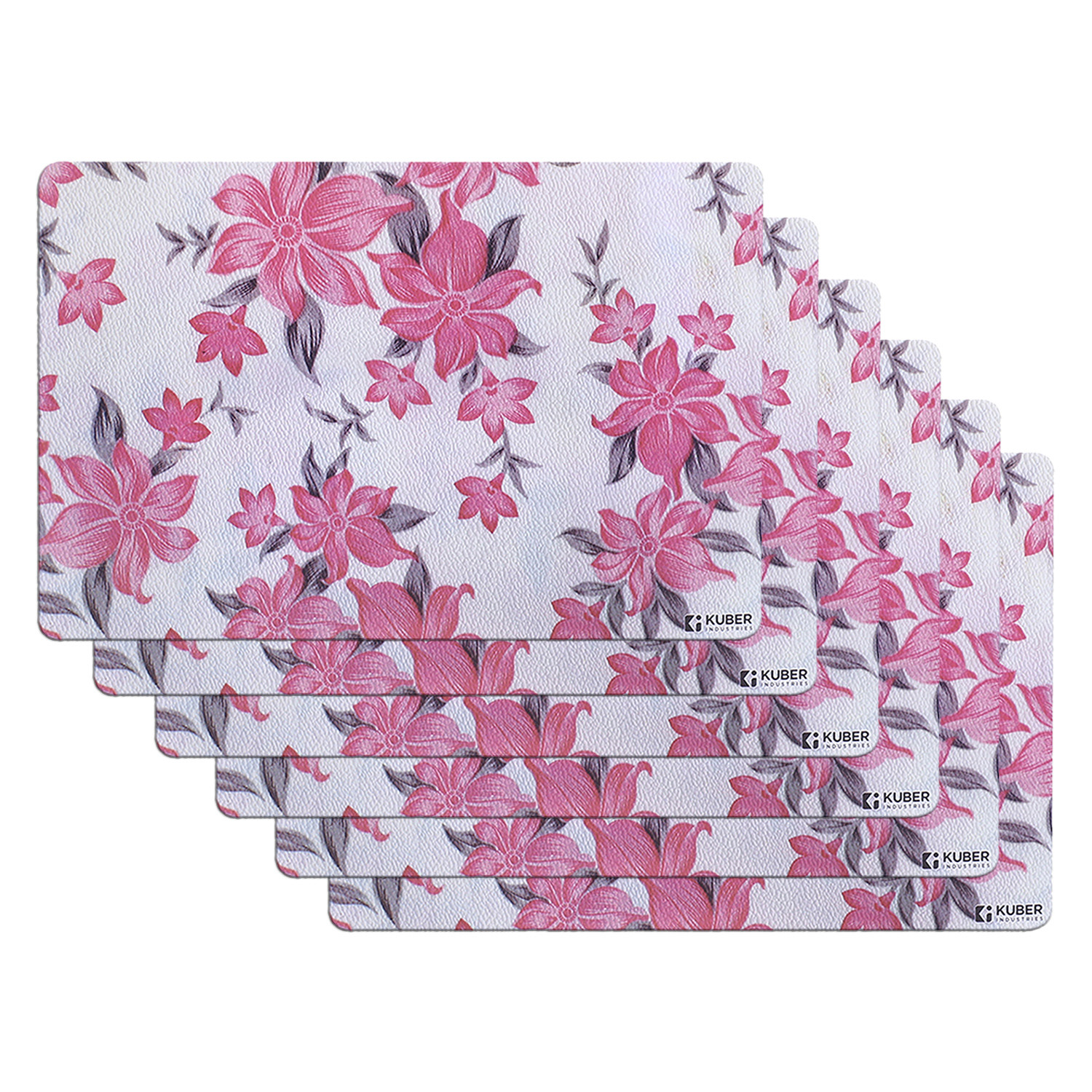 Kuber Industries Fridge Mats | PVC Cream & Pink Flower Print | Fridge Mat for Refrigerator | Fridge Placemats for Kitchen | Set of 6 | Multicolor