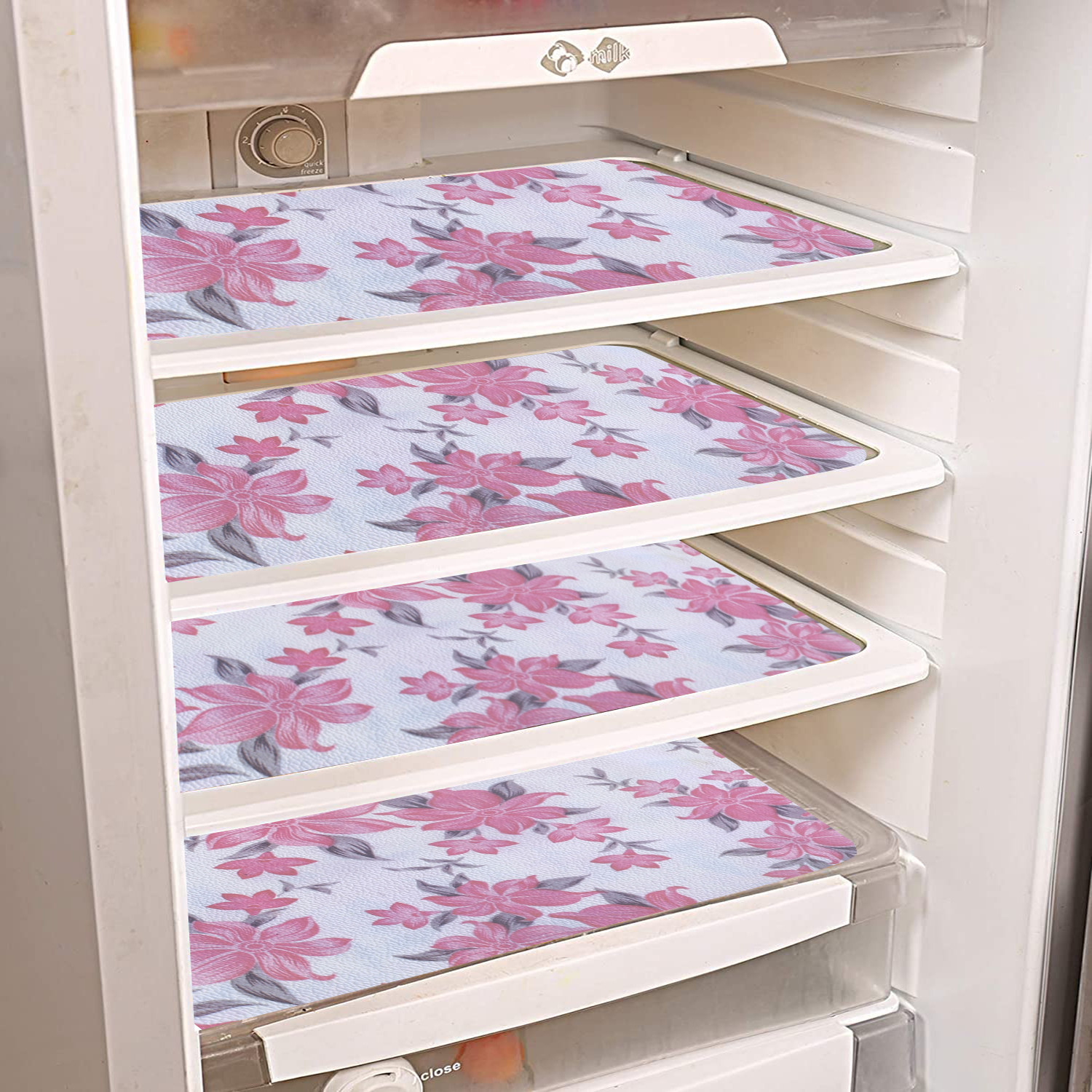 Kuber Industries Fridge Mats | PVC Cream & Pink Flower Print | Fridge Mat for Refrigerator | Fridge Placemats for Kitchen | Set of 6 | Multicolor